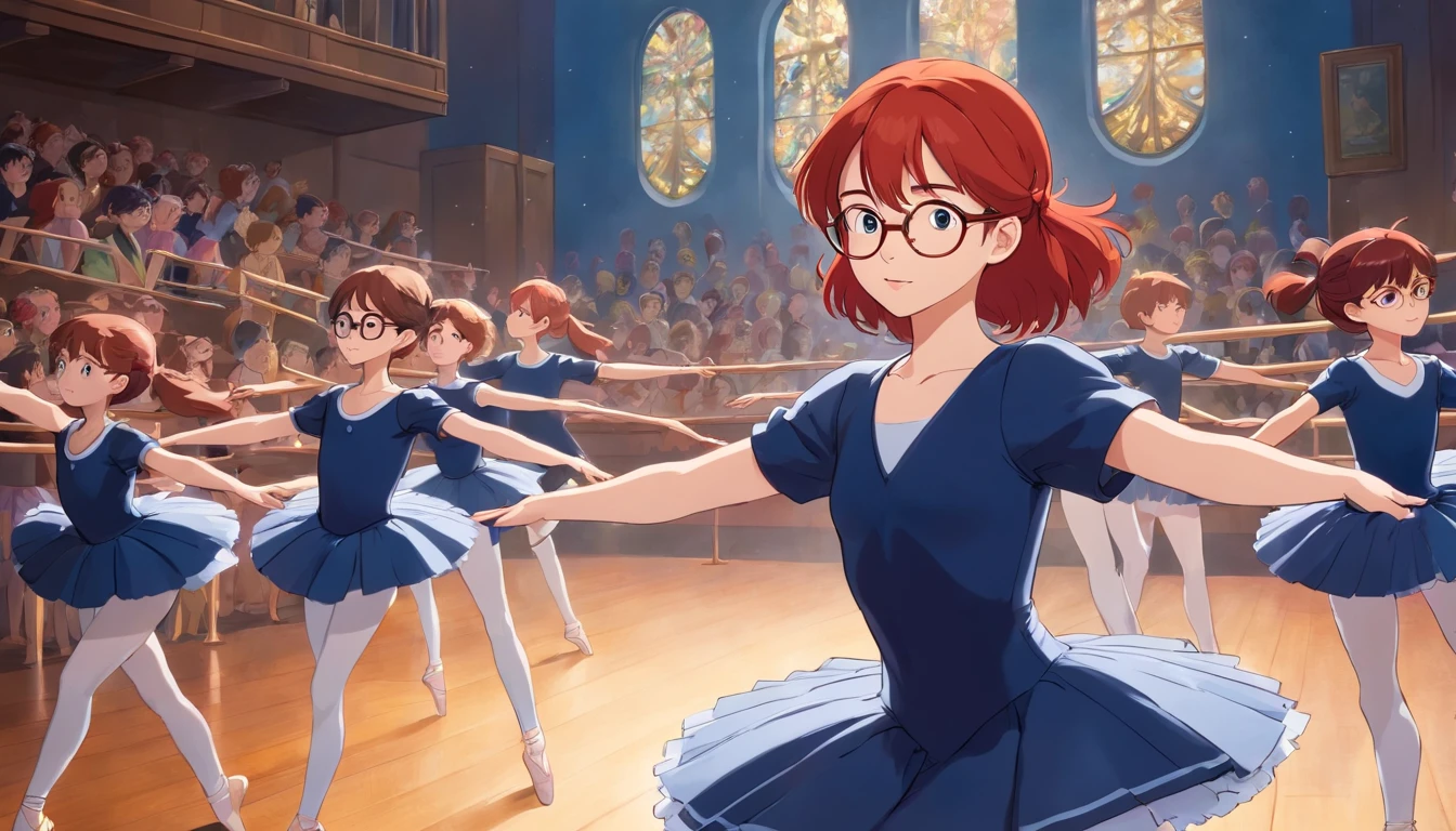 Redhead ballet teacher with glasses in ballet outfit in navy blue color with her class of girls and boys.