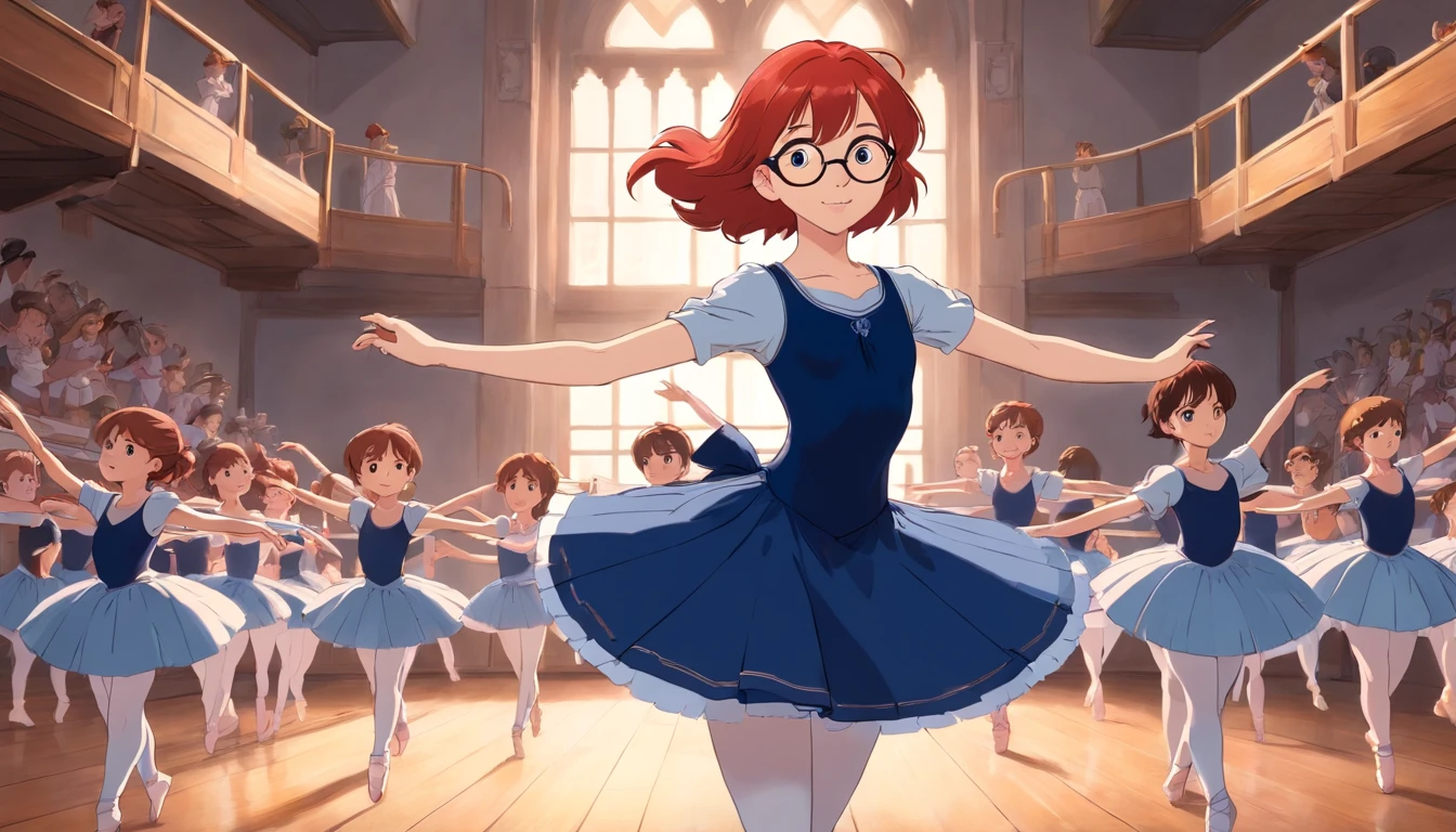 Redhead ballet teacher with glasses in ballet outfit in navy blue color with her class of girls and boys.