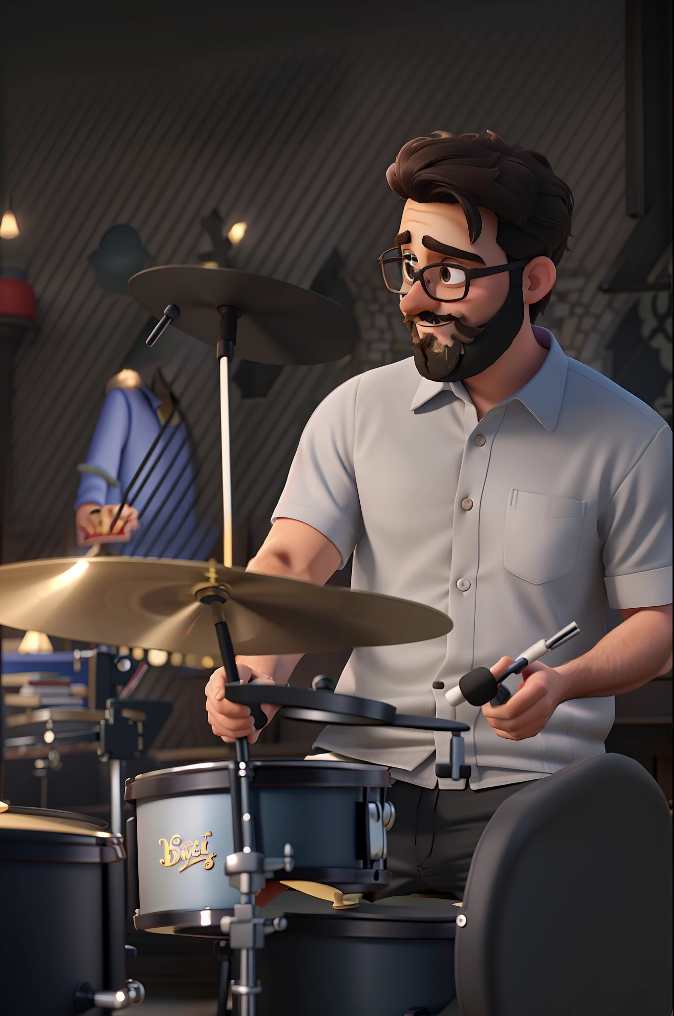 Create a Disney pixar style 3D poster with the scene of man with beard and glasses playing drums in church