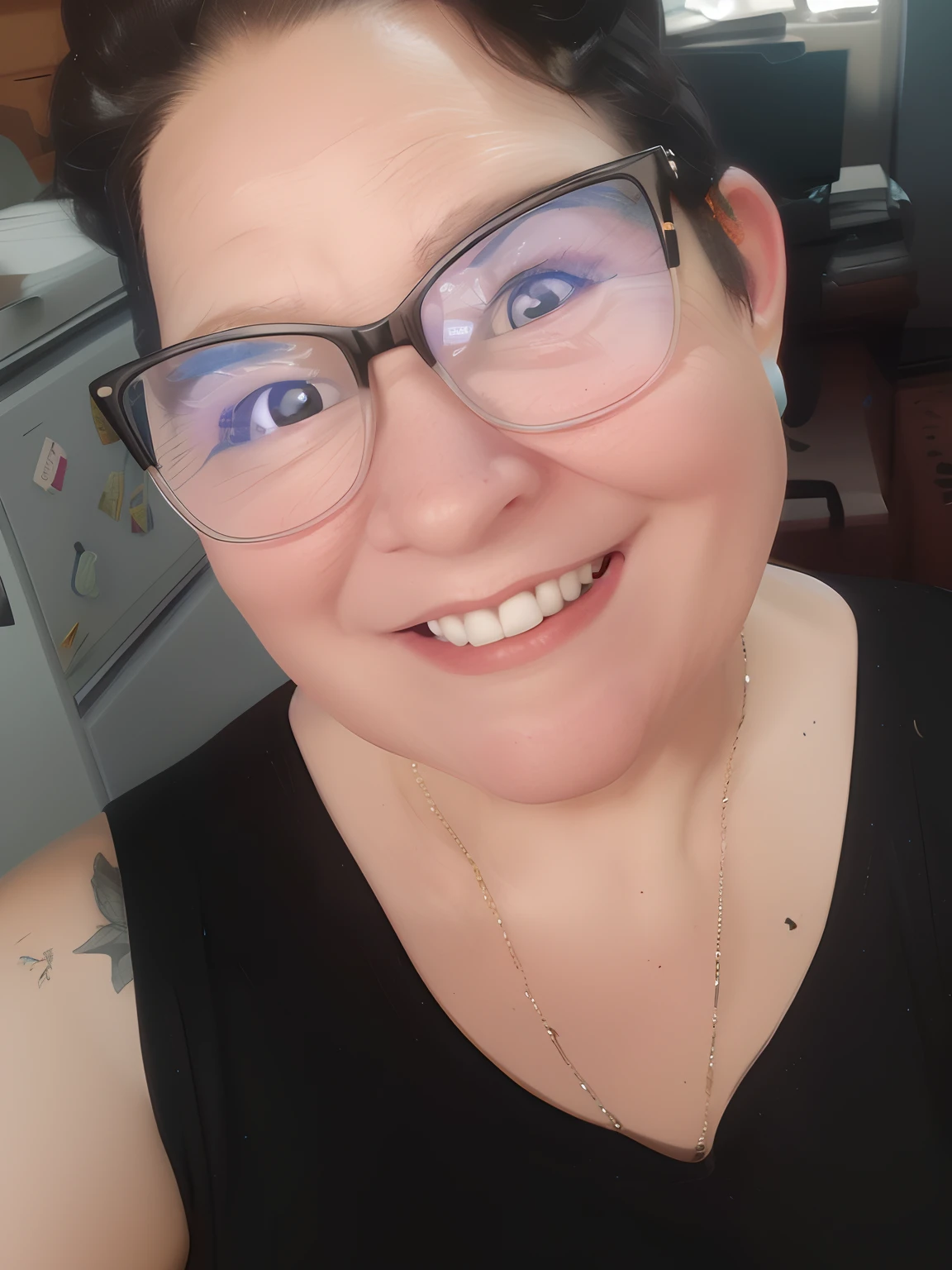 Personagem 3D，office girl，cabelos de cor preta，wears glasses，prette，Carinhoso，sorrir（Meio corpo：1.2），SimpleBackground，uma obra-prima de，Melhor Quoridade，（GRADIENT BACKGROUND color 0087fe1.1）