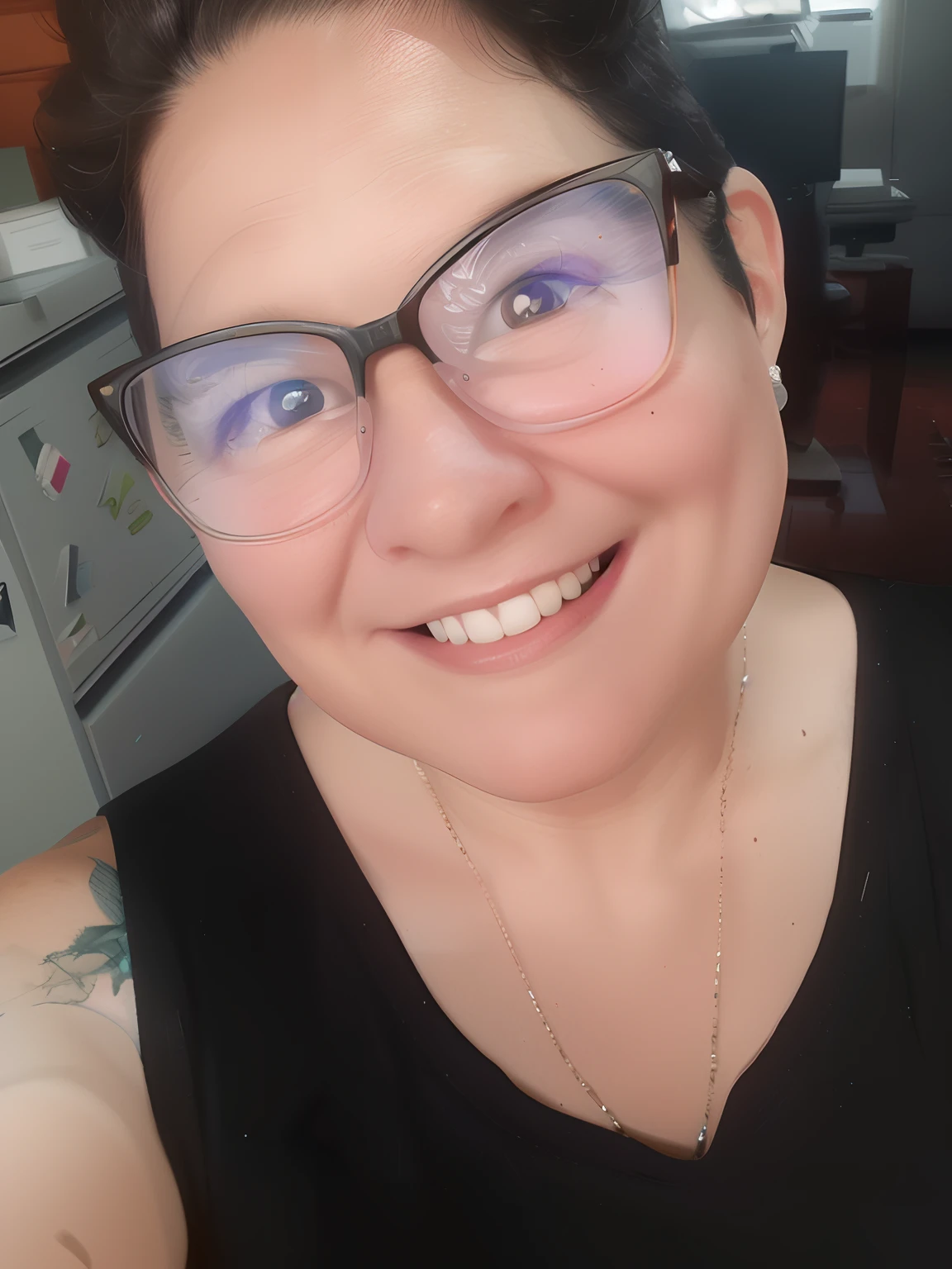Personagem 3D,office girl,cabelos de cor preta,wears glasses,prette,Carinhoso,sorrir(Meio corpo:1.2),SimpleBackground,uma obra-prima de,Melhor Quoridade,(GRADIENT BACKGROUND color 0087fe1.1)