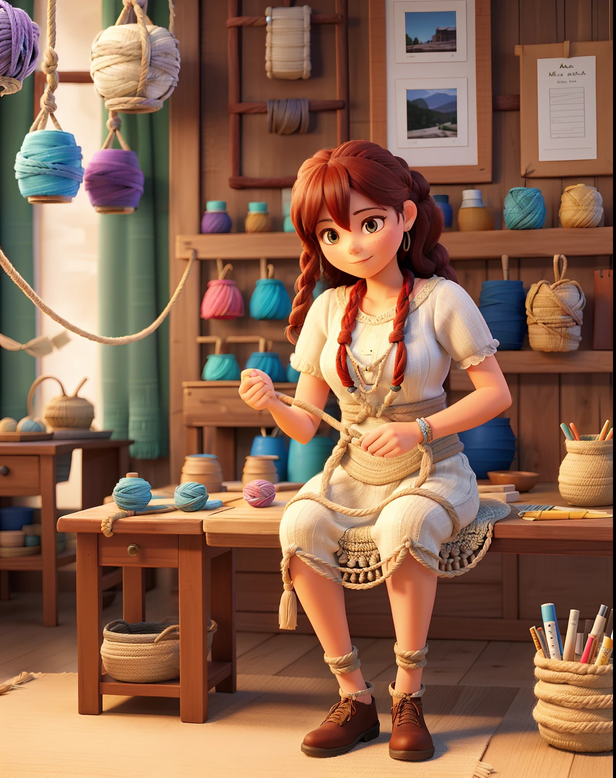 A woman making macrame with ropes and a backdrop of a craft store