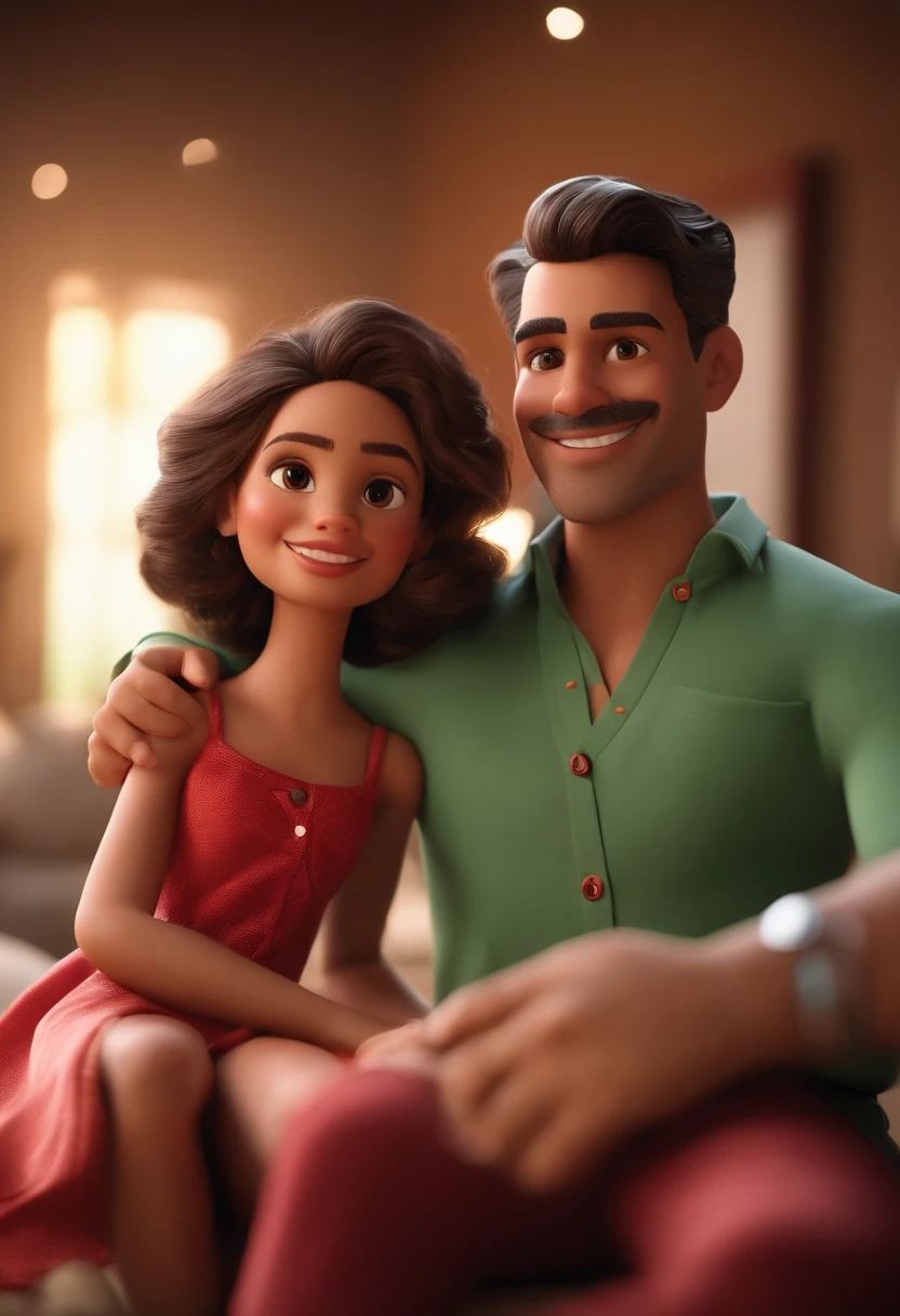 Casal com dois filhos, Sitting on the living room floor, a mulher de vestido vermelho, cabelos lisos e pretos, homem com camisa branca, grey pants, The children in the same clothes: camisa verde e bermudas brancas. In the background a room with Christmas themed animation character, Caractere estilizado, animation style rendering, 3D estilizado, Arnold Maya render, 3 d render stylized, toon render keyshot, Personagem 3D, Personagem 3D, 3d rendering stylized, 3 d character render, personagem de desenho animado, Personagem de close up, Pose de personagem, (Estilo Pixar) (master part:1.2) (Bokeh) (best quality) (pele detalhada) (textura detalhada) (8k) (argila) (Cinematic lighting) (foco nítido