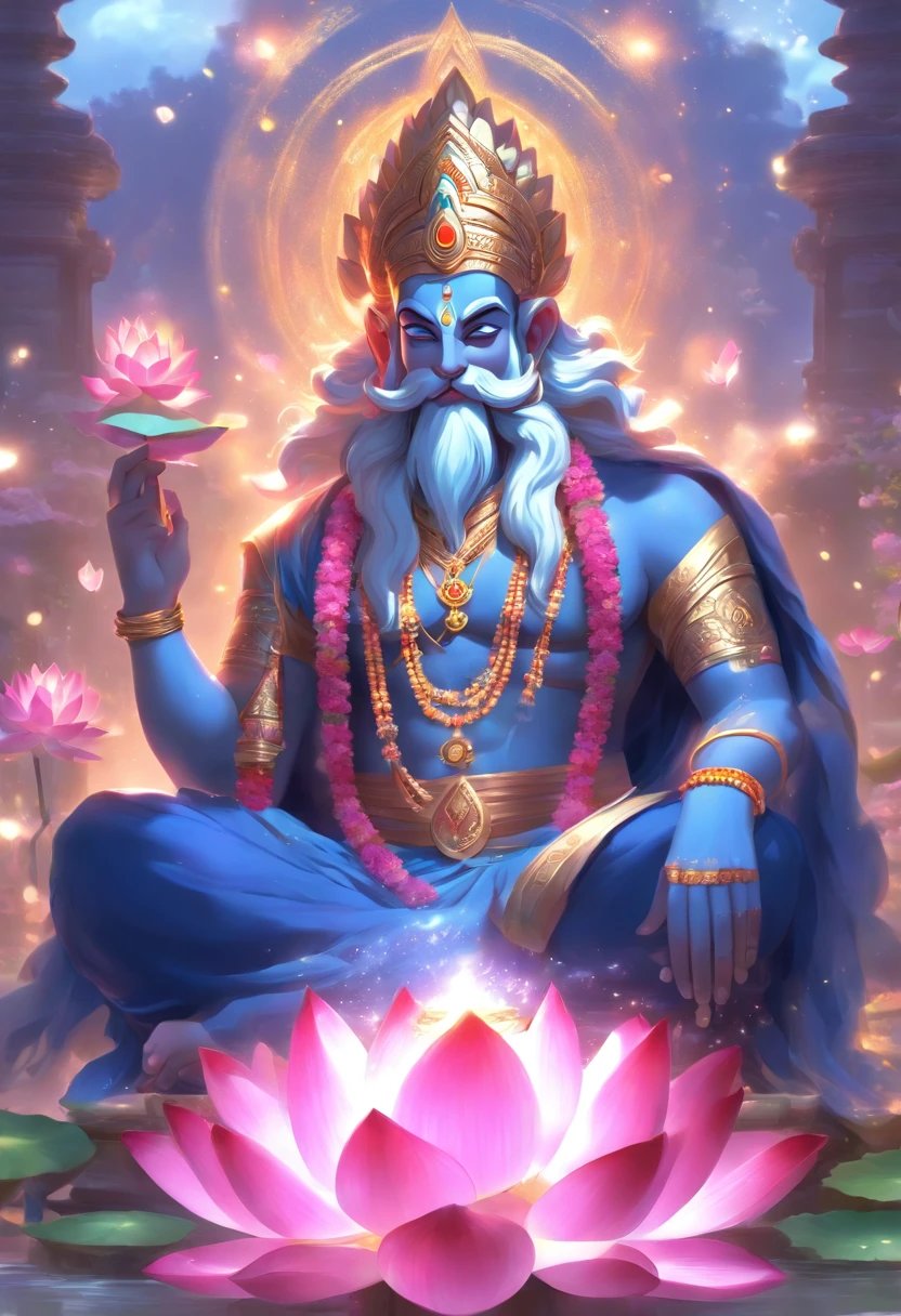 (((Hindu God))) best quality, ultra-high resolution, 4K detailed CG, masterpiece, Brahma, old man, old man, Indian, white beard, Hindu mythology, sitting on lotus flower, ((sitting on flower lotus) ) Hindu, aesthetic, beautiful, screen-centered image, person holding books in hand and in the air around him