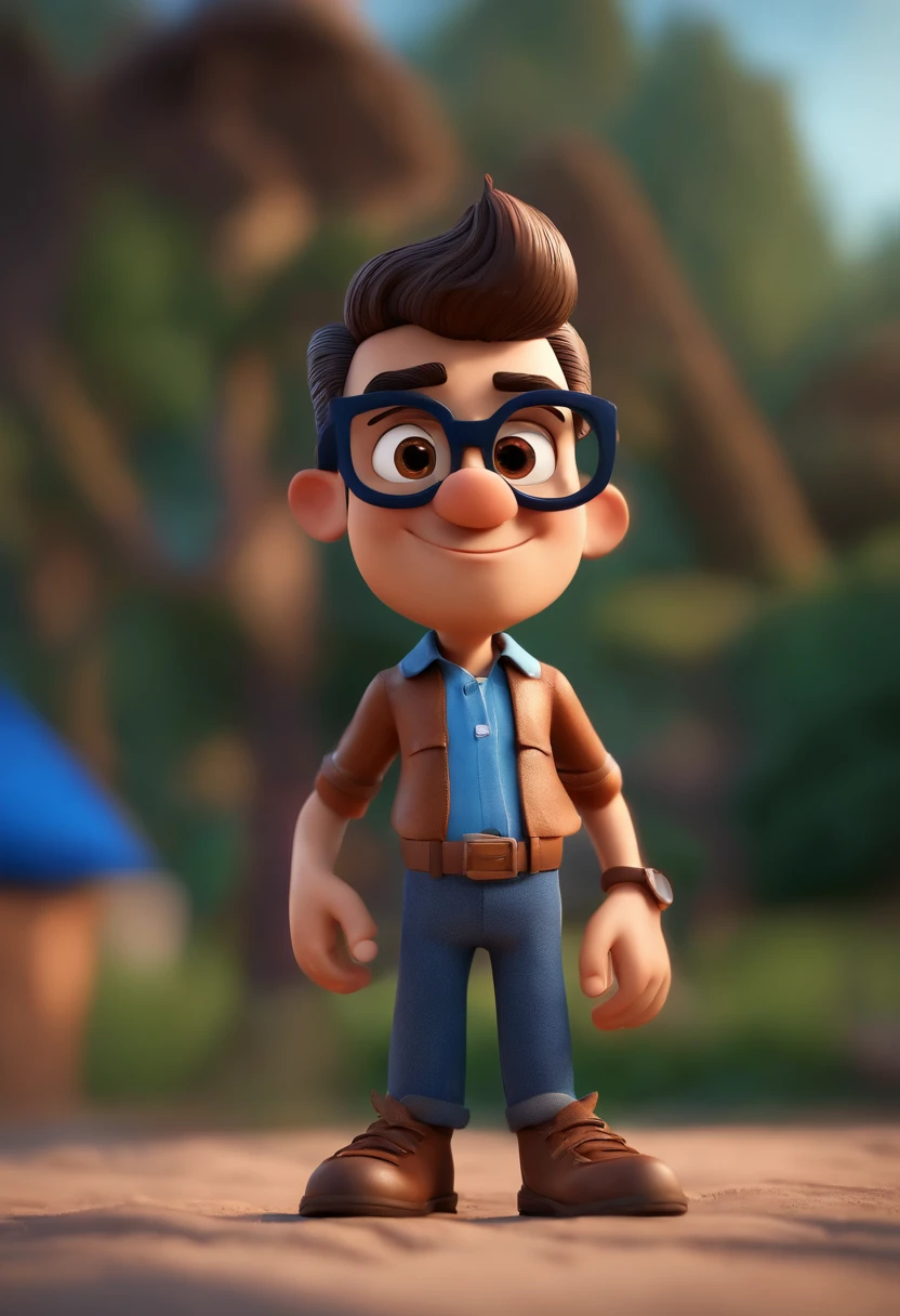 Cartoon character of a man with black glasses, cabelo cacheado marrom escuro e uma camisa azul, animation character, Caractere estilizado, animation style rendering, 3D estilizado, Arnold Maya render, 3 d render stylized, toon render keyshot, Personagem 3D, Personagem 3D, 3d rendering stylized, 3 d character render, personagem de desenho animado, Personagem de close up, Pose de personagem, (Estilo Pixar) (master part:1.2) (Bokeh) (best quality) (pele detalhada) (textura detalhada) (8k) (argila) (Cinematic lighting) (foco nítido