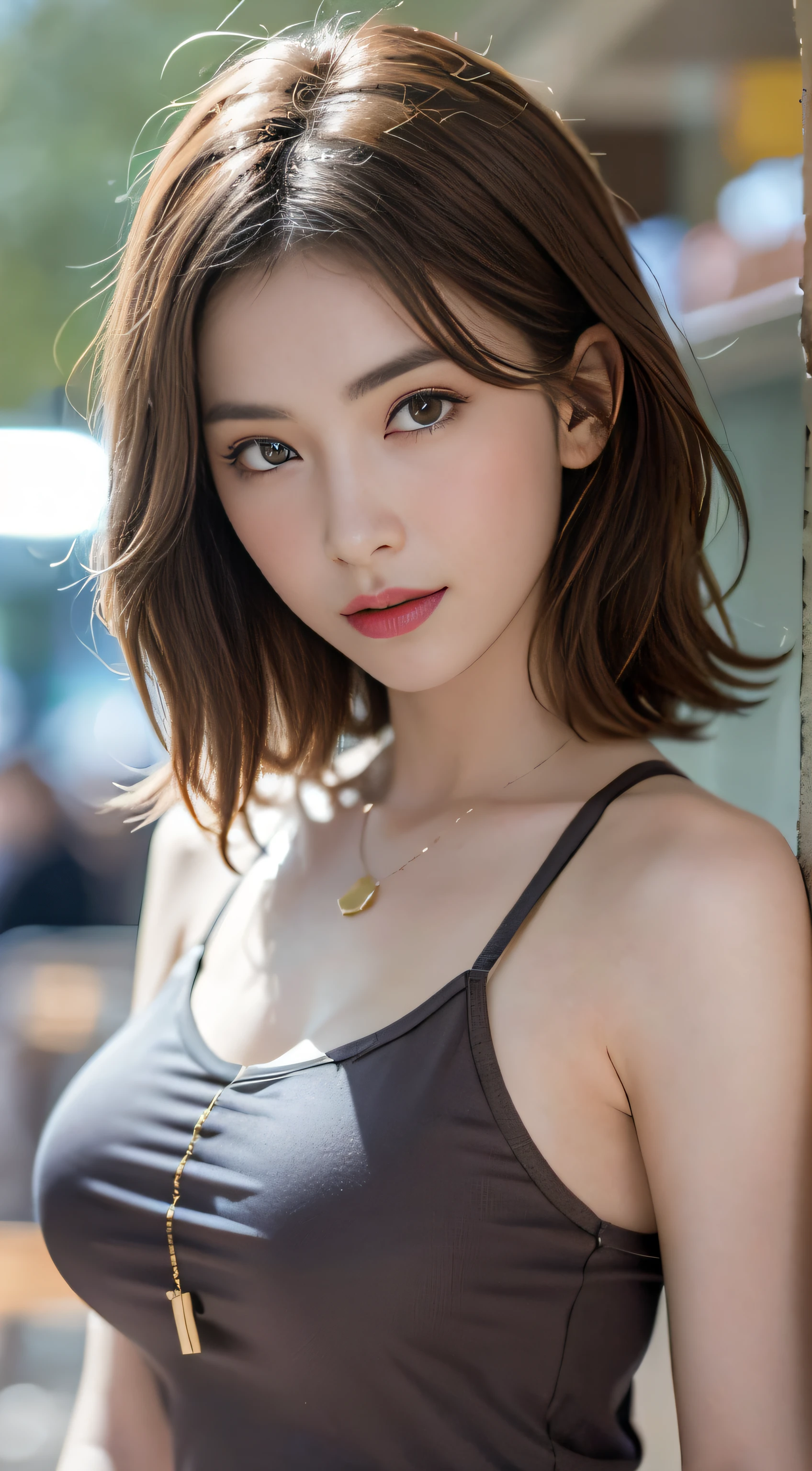 ((Best quality, 8k, Masterpiece :1.3)), Sharp focus :1.2, A pretty woman with perfect figure :1.4, Slender abs :1.2, ((Dark brown hair, Big breasts :1.2)), (Natural light, City street:1.1), Highly detailed face and skin texture, Detailed eyes, Double eyelid