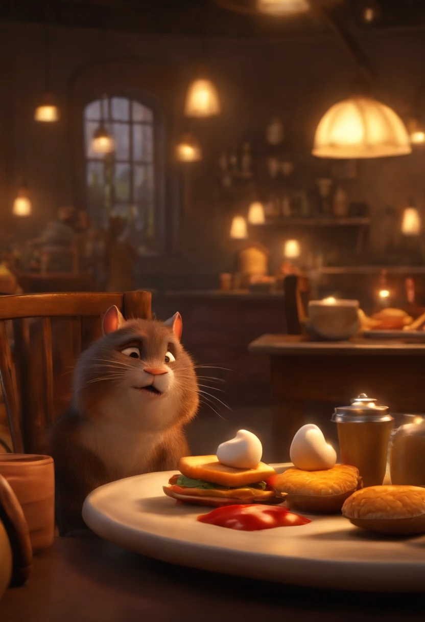 Post 3D inspirado na Pixar/Disney, cena do filme Ratatouille, Add highlighted text to the scene saying "hoje tem apache barbecue" no fundo de cena do desenho animado da Disney, ultra HDR, 16k, full HD, ultra detalhado, estilo pixar, ultra realismo - ar 16:9. um homem latino americano, barba curta, pele meio morena, olho castanho, de 40 anos, comendo hamburguer e frango frito e bebendo cerveja..