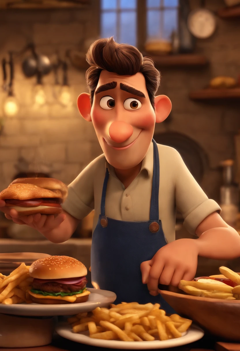 Post 3D inspirado na Pixar/Disney, cena do filme Ratatouille, Add highlighted text to the scene saying "hoje tem apache barbecue" no fundo de cena do desenho animado da Disney, ultra HDR, 16k, full HD, ultra detalhado, estilo pixar, ultra realismo - ar 16:9. um homem latino americano, barba curta, pele meio morena, olho castanho, de 40 anos, comendo hamburguer e frango frito e bebendo cerveja..