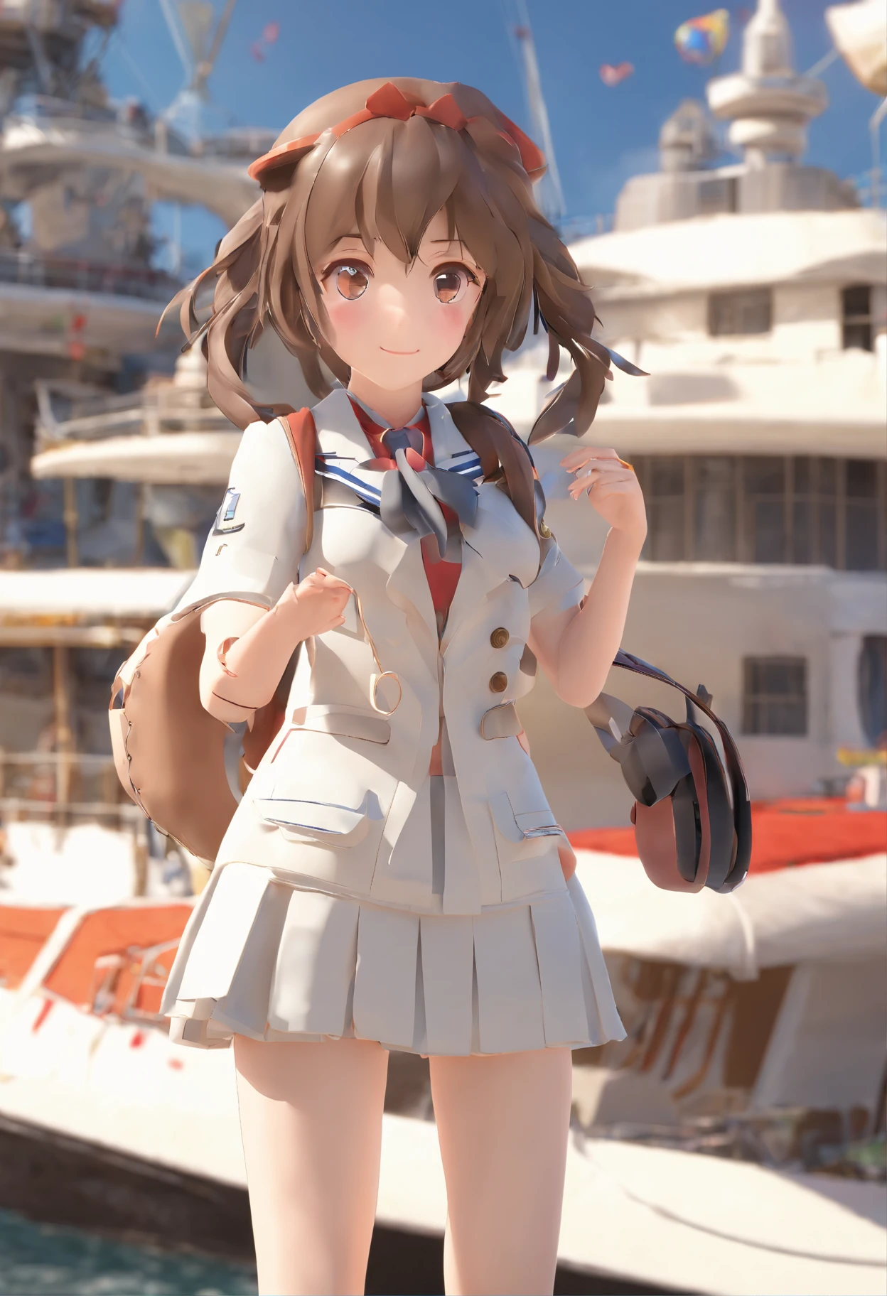 1girl, Ryuujou (Kancolle), sozinho, brown hair, Caudas duplas, olhos castanhos, Visualizador principal, Magatama, boca aberta, aeronave, sorrir, plane, fundo branco, Roupas japonesas, fundo simples, Kariginu, parte superior do corpo, cabelos longos