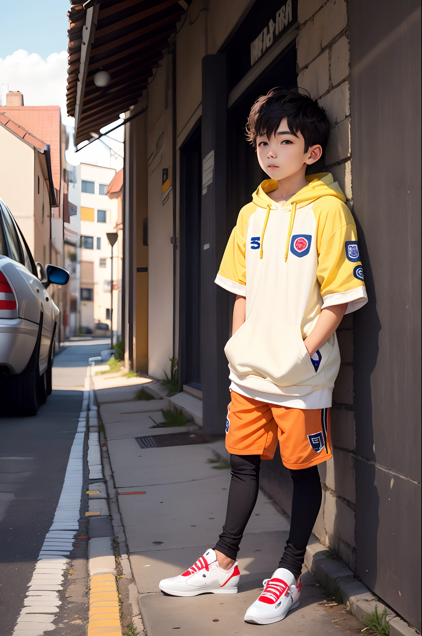  boy wearing an orange hoodie, smiling
