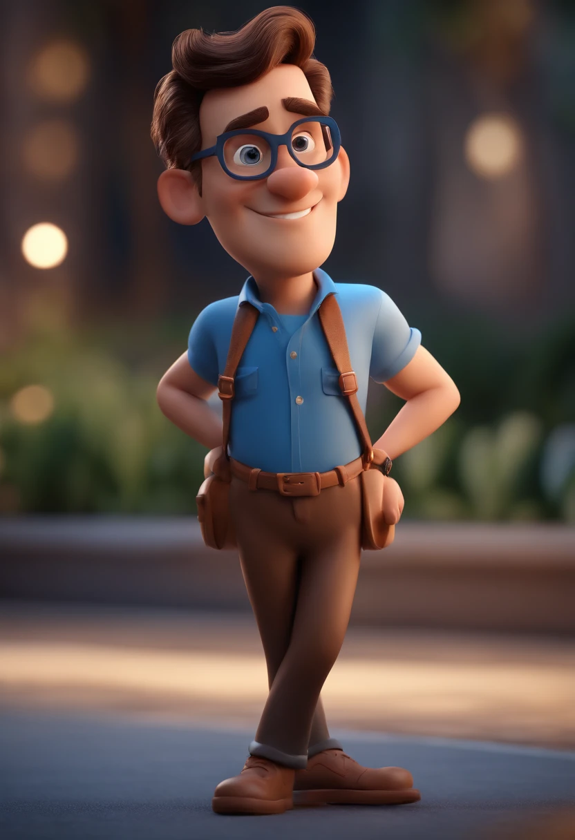 Cartoon character of a man with black glasses and a blue shirt, animation character, Caractere estilizado, animation style rendering, 3D estilizado, Arnold Maya render, 3 d render stylized, toon render keyshot, Personagem 3D, Personagem 3D, 3d rendering stylized, 3 d character render, personagem de desenho animado, Personagem de close up, Pose de personagem,  (Estilo Pixar) (master part:1.2) (Bokeh) (best quality) (pele detalhada) (textura detalhada) (8k) (argila) (Cinematic lighting) (foco nítido