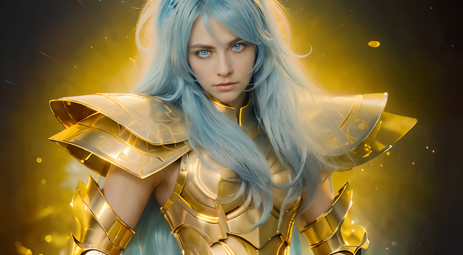 (masterpiece), (realistic) , close up portrait of a man, (male), 35 years old, Swedish, (1boy), solo, serious, looking at viewer, pretty handsome man, ((pretty big blue eyes), wearing an medieval armor, (full body armor), (golden armor), chrome gold, (detailed armor), (ornate armor), long straight light blue hair, (hair blowing in wind), (hair bangs), upper body, cosmic golden rain background, cinematic lighting, ((beardless)) ((perfect big blue eyes)). Androgynous face.