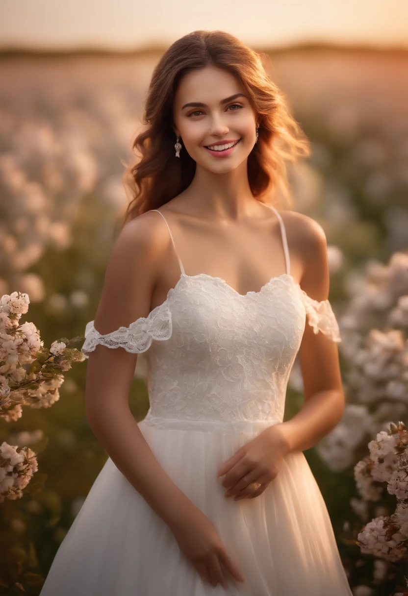 Best quality, masterpiece, ultra high res, (photorealistic:1.4), raw photo, 1girl, white dress, off shoulder, blossom flower field, glowing skin, light smile