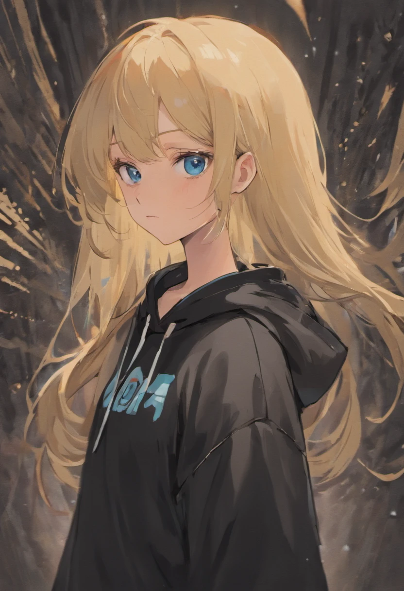a woman with blonde hair and blue eyes wearing a black shirt, an anime drawing by Ei-Q, pixiv, auto-destructive art, in a black hoodie, anime girl wearing a black dress, emo anime girl, ecchi anime style, misa amane *, in a hoodie, an anime girl, anime girl, unknown artstyle, anime skull portrait woman