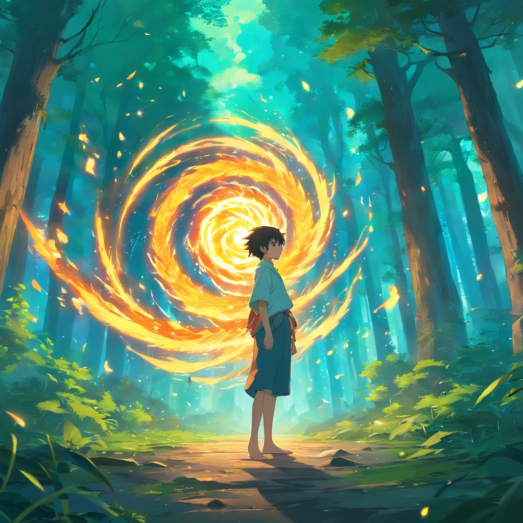 In the middle of an ancient forest and covered with vegetation, The essence of magic takes shape through a man, his hair as dark as shadows and his eyes a radiant golden flame. A mystical mark adorns his neck, cintilante com poder latente. Dentro de uma clareira, He is engulfed by a cascading torrent of flames, o calor do fogo temperado por uma energia sobrenatural. Like the magic fire spirals and dances, evokes a spinning dance of luminous particles, each a fragment of his ethereal aura. Arcane symbols materialize in the air, its glow casting a sinister light on his intense focus. The scene exudes a sense of ancient power and occult knowledge, As if the woods themselves were alive with long-forgotten secrets. The atmosphere is of serene intensity, where the balance of nature and magic intertwine. The illustration style captures this mystical aura through detailed digital art, combinando linhas intrincadas com paletas de cores vibrantes. --AR 16:9 --V 5