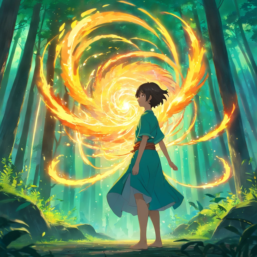 In the middle of an ancient forest and covered with vegetation, The essence of magic takes shape through a man, his hair as dark as shadows and his eyes a radiant golden flame. A mystical mark adorns his neck, cintilante com poder latente. Dentro de uma clareira, He is engulfed by a cascading torrent of flames, o calor do fogo temperado por uma energia sobrenatural. Like the magic fire spirals and dances, evokes a spinning dance of luminous particles, each a fragment of his ethereal aura. Arcane symbols materialize in the air, its glow casting a sinister light on his intense focus. The scene exudes a sense of ancient power and occult knowledge, As if the woods themselves were alive with long-forgotten secrets. The atmosphere is of serene intensity, where the balance of nature and magic intertwine. The illustration style captures this mystical aura through detailed digital art, combinando linhas intrincadas com paletas de cores vibrantes. --AR 16:9 --V 5