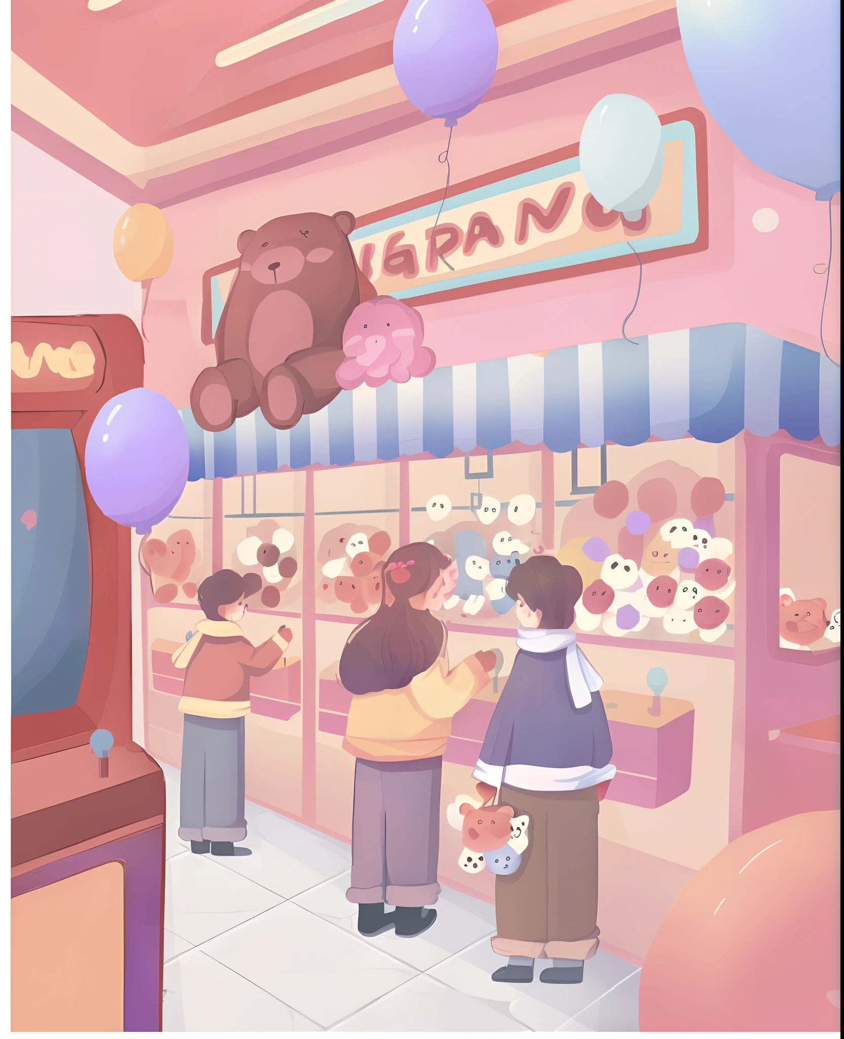 Someone was standing in the store with a teddy bear, a busy arcade, lo-fi illustration style, lofi aesthetics, official fanart, lofi girl aesthetic, 3d grainy aesthetic illustration, arte de fundo, kawaii aesthetic, Soft anime illustration, dreamy aesthetic, dreamlike illustration, blurry and dreamy illustration, an aesthetic! Catch dolls in the store。Only two mission images are retained in the figure,Remove a persona。