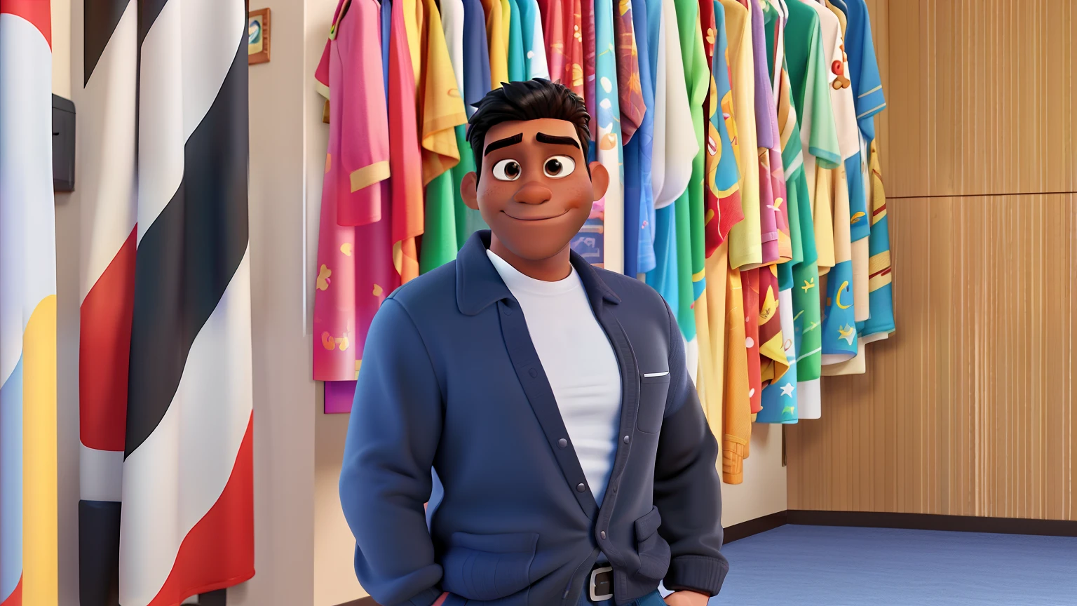 Poster no estilo Disney pixar, alta qualidade, melhor qualidade, homem sexy negro, 30 anos cabelo preto, musculoso, com fundo de parede de bandeiras