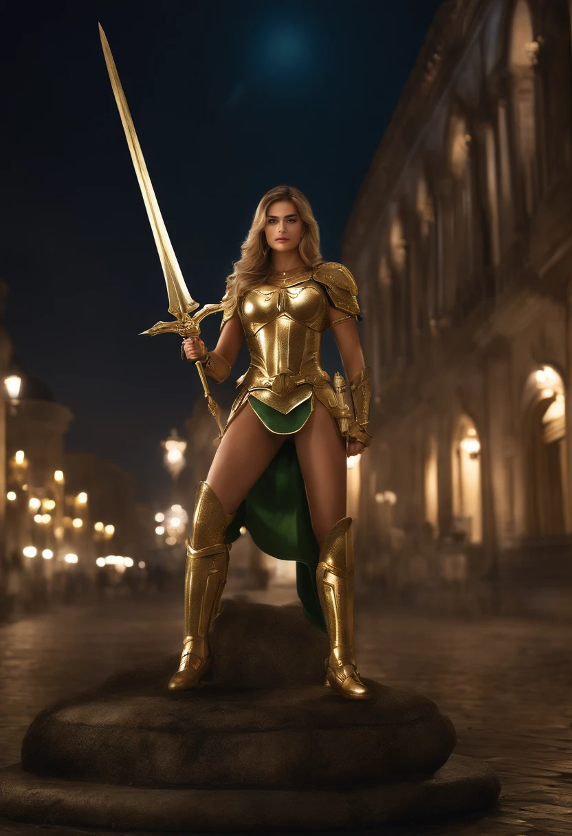 (master part, 4k resolution, ultra-realistic, Very detailed), (Theme of the knights of the zodiac, Charismatic, there's a girl on top of town, wearing a golden armor knight of Sagittarius, She's a superhero), [ ((20 anos), (cabelos verdes longos:1.2), corpo inteiro, (olhos verdes:1.2), ((Pose de luta),demonstration of strength), ((ambiente urbano arenoso):0.8)| (Cityscape, at night, dynamic lights), (lua cheia))