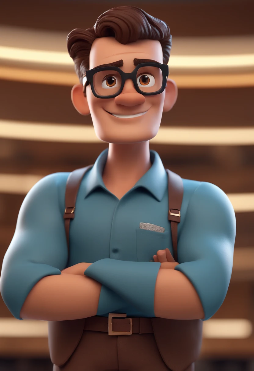 Cartoon character of a man with black glasses and a blue shirt, animation character, Caractere estilizado, animation style rendering, 3D estilizado, Arnold Maya render, 3 d render stylized, toon render keyshot, Personagem 3D, Personagem 3D, 3d rendering stylized, 3 d character render, personagem de desenho animado, Personagem de close up, Pose de personagem,  (Estilo Pixar) (master part:1.2) (Bokeh) (best quality) (pele detalhada) (textura detalhada) (8k) (argila) (Cinematic lighting) (foco nítido