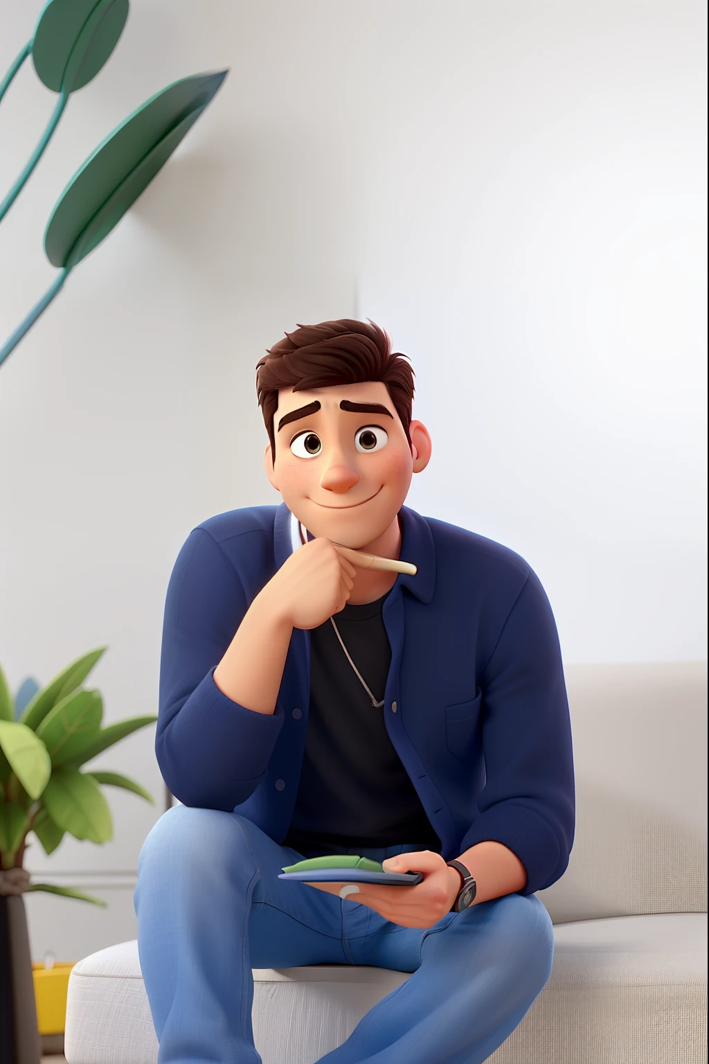 A partir da foto enviada, crie um personagem de filme da pixar. The character is a young 35-year-old architect, parado na rua, posing in front of the buildings he designed.