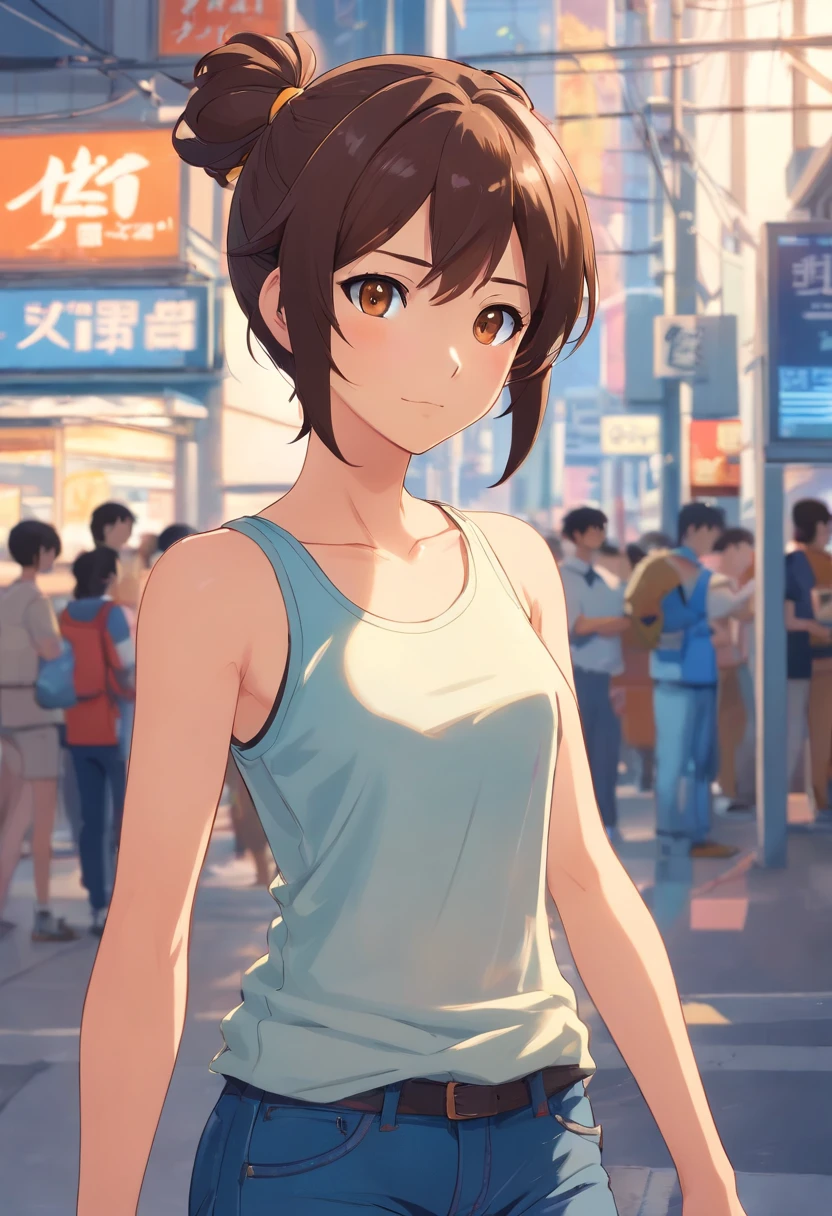 a lithe and agile young woman, graced with light-brown eyes and standing at a height of 5'6". Her physique boasts a lean and athletic build that mirrors her dedication to heroics. Ebony hair, typically kept in a tidy bun, adds a touch of elegance to her appearance. In her day-to-day life, she opts for casual attire, favouring comfortable choices like jeans and tank tops. two antennae-like protrusions on her head, reserving their unique features for her superhero persona.