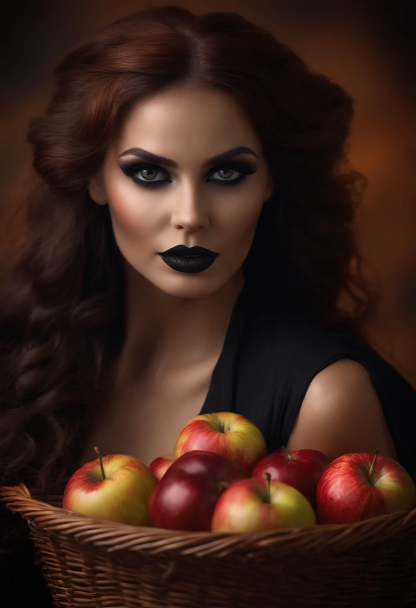 mulher fantasiada para o hallowen, usando capa preta olhando para frente com os olhos vermelhos, Holding a basket with apples, assustadora, muitas cores, muitos detalhes, hd.