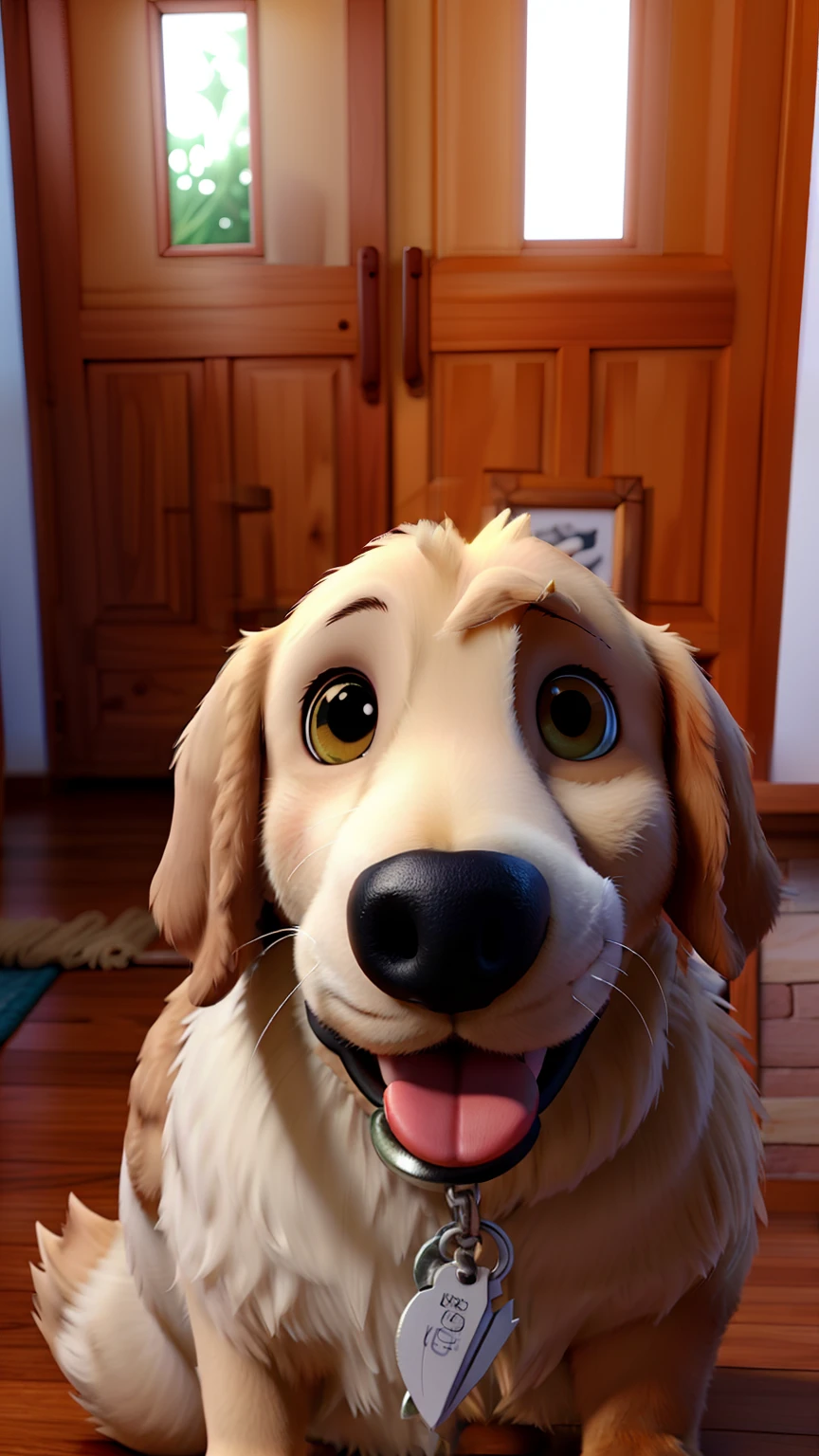 Lindo cachorro Golden Retriever com nome de Mell,  na sala de casa, feliz, olhando para o seu dono