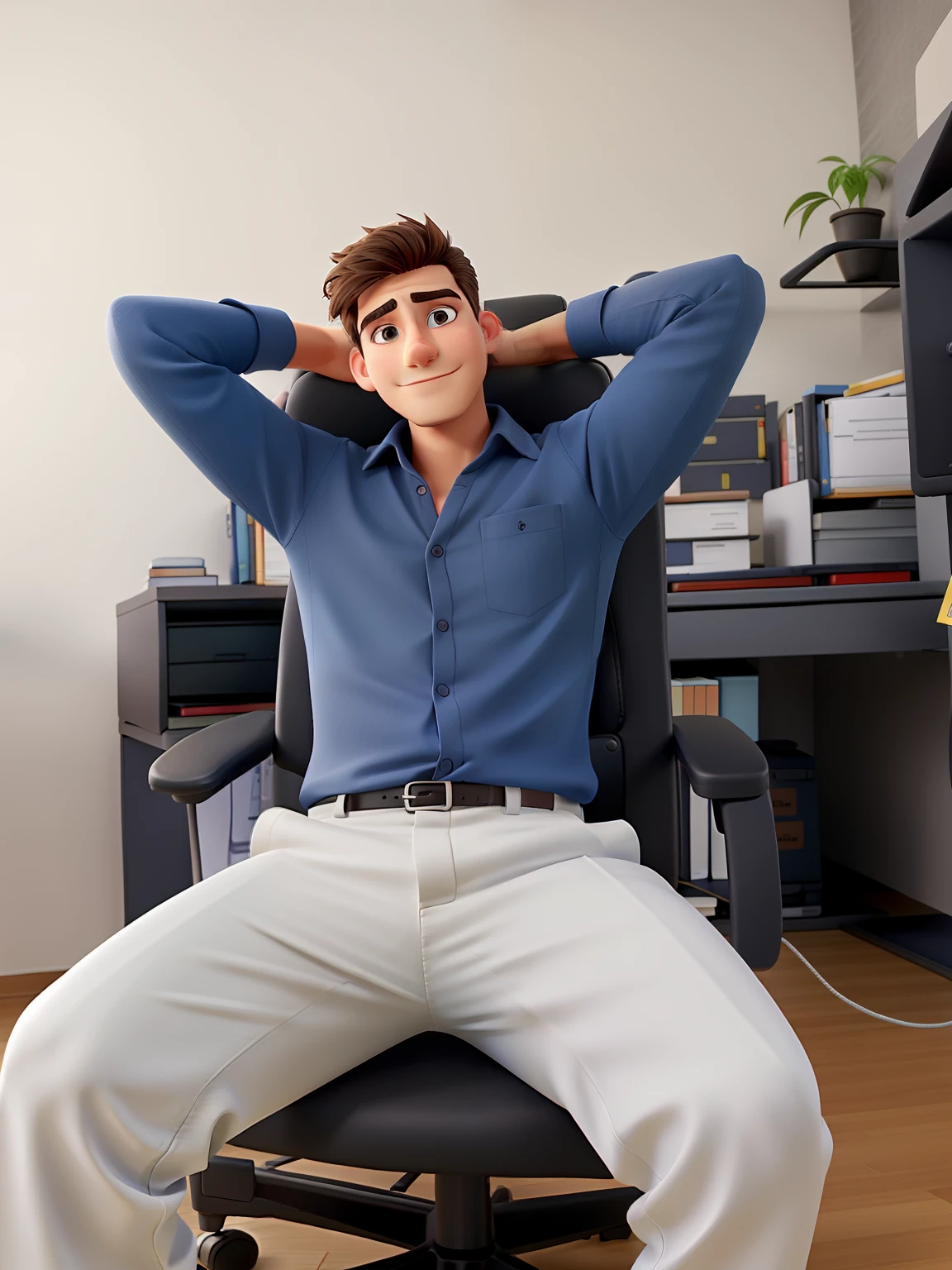 A man sitting with open legs showing penis volume in an office