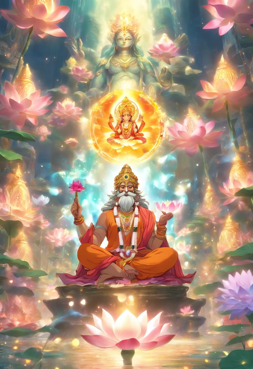 (((Hindu God))) best quality, ultra-high resolution, 4K detailed CG, masterpiece, Brahma with books in hand, old man, old man, Indian, white beard, Hindu mythology, sitting on lotus flower, ((sitting on flower lotus) ) Hindu, aesthetic, beautiful, screen-centered image, person holding books in hand and in the air around him