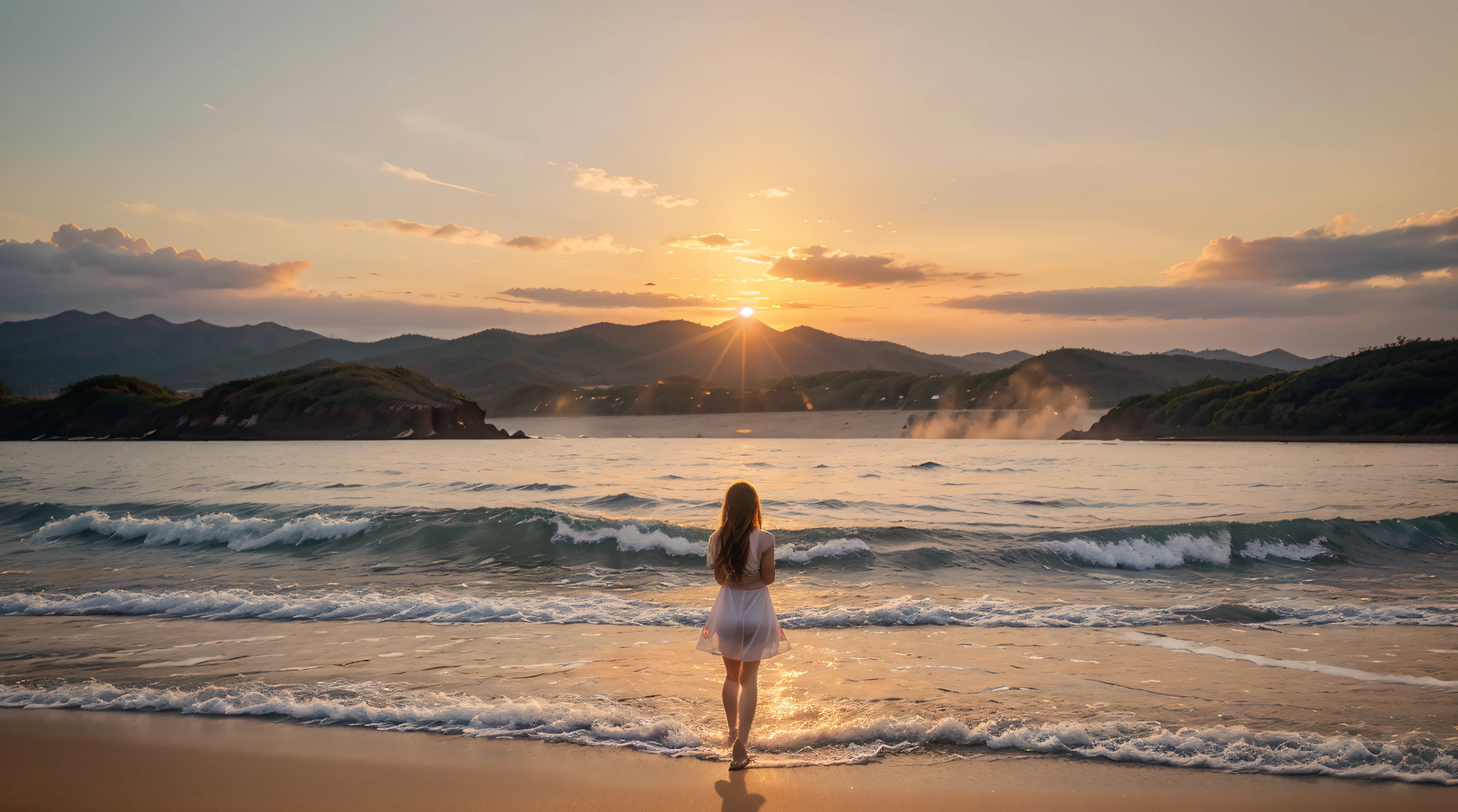 Create an image that symbolizes the beginning of the journey to the best version of yourself. Show a sunrise symbolizing a new beginning, com elementos visuais que representem possibilidades infinitas.