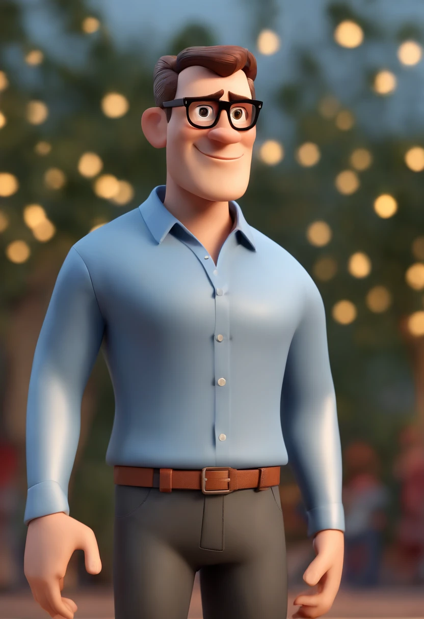 Cartoon character of a man wearing black glasses and a blue shirt, um personagem animado, Caractere estilizado, animation style rendering, 3D estilizado, Arnold Maya render, 3 d render stylized, toon render keyshot, Personagem 3D, Personagem 3D, 3d rendering stylized, 3 d character render, personagem de desenho animado, Personagem de close up, Pose de personagem, (Estilo Pixar) (master part:1.2) (Bokeh) (best quality) (pele detalhada) (textura detalhada) (8k) (argila) (Cinematic lighting) (foco nítido,Senta e vaza a parte superior do corpo