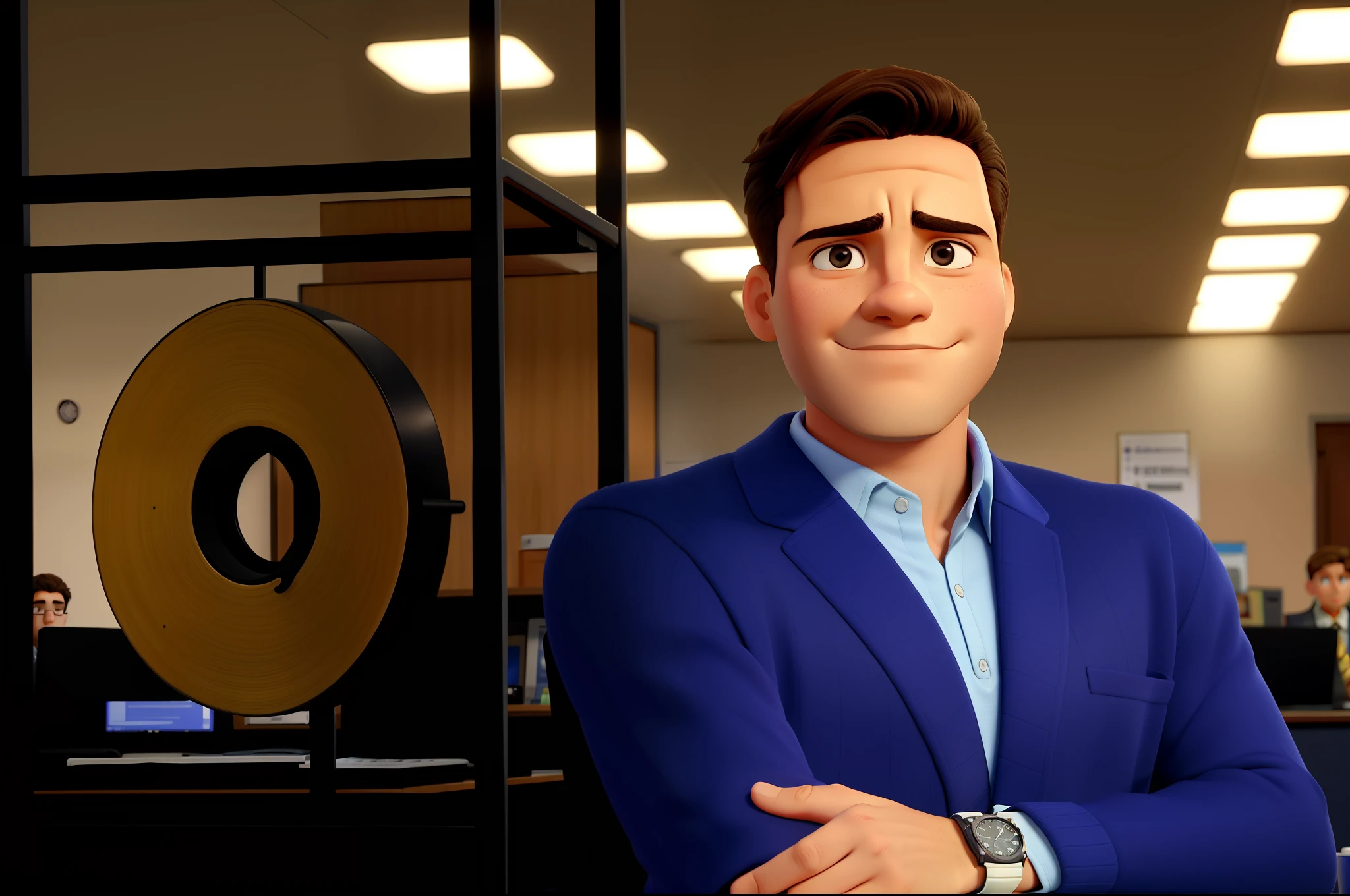 A strong and young man in appearance, pela clara em com sardas na face, com ar social esportivo e intelectual, Maravilhosamente vestido, with a blue sweater, It's in a big office shed, with several desks and computers in the background. He has his arms crossed and a watch on his wrist.
