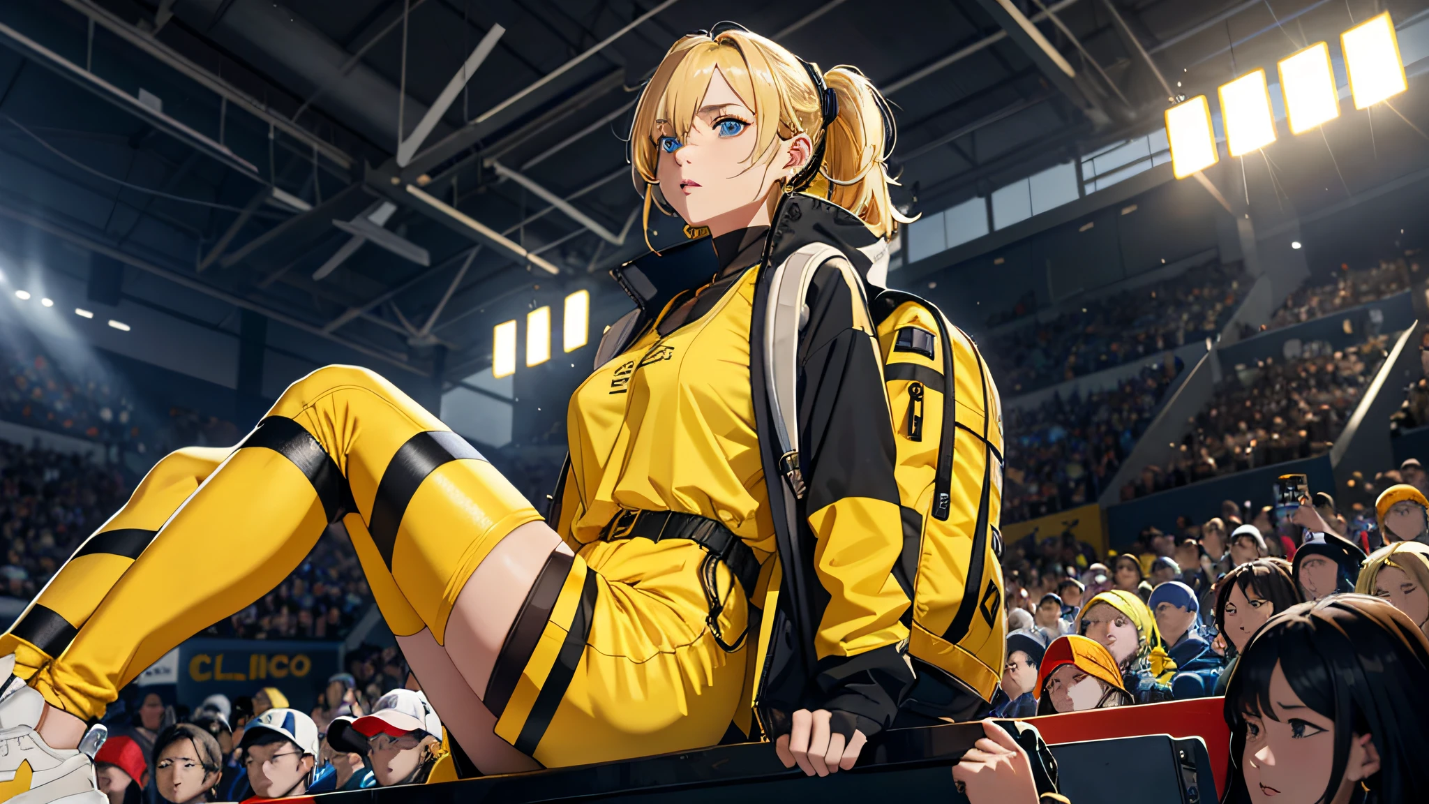 best quality, highres, solo, blonde hair, a female character is wearing a yellow and black colored outfit with a backpack and a yellow vest, dark black and yellow, sports leisure, blue eyes, long hair, hoop earrings, headphones, chunky cuban link jewelry, medium breasts, pigeoncore, neo-dadaist, mechanized precision, audience member, in crowd spectator in the style of mecha sci-fi anime