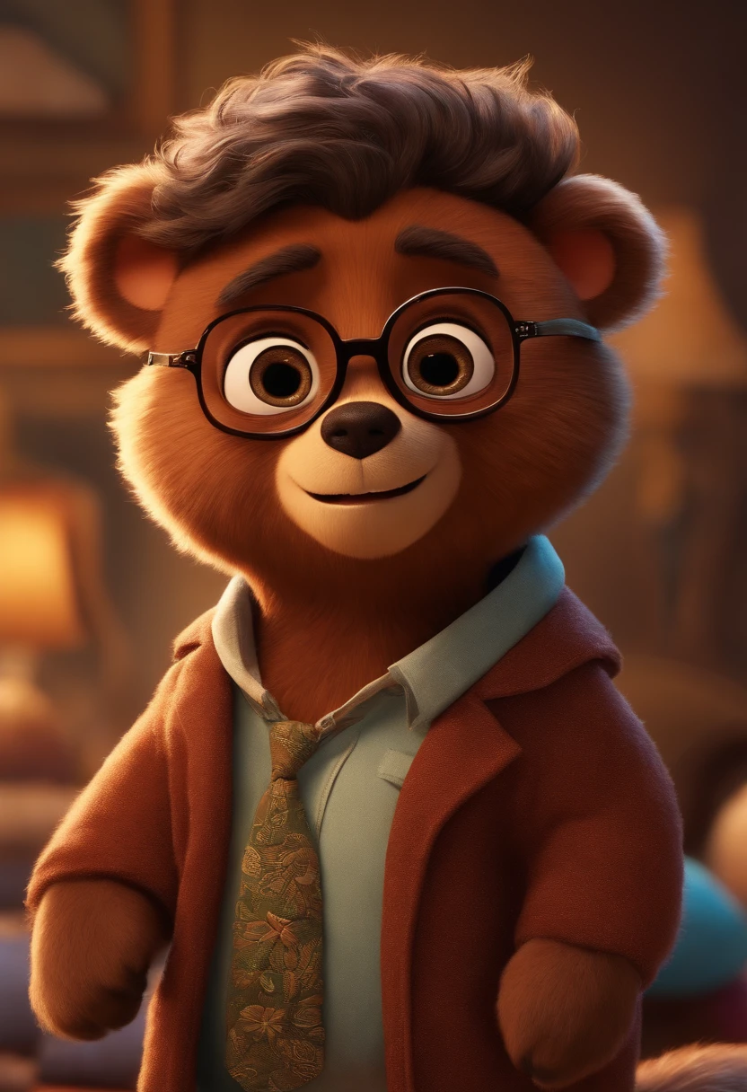 ****** estilo desenho animado, Pixar, wearing round glasses, segurando um urso de pelucia, roupa de escoteiro,