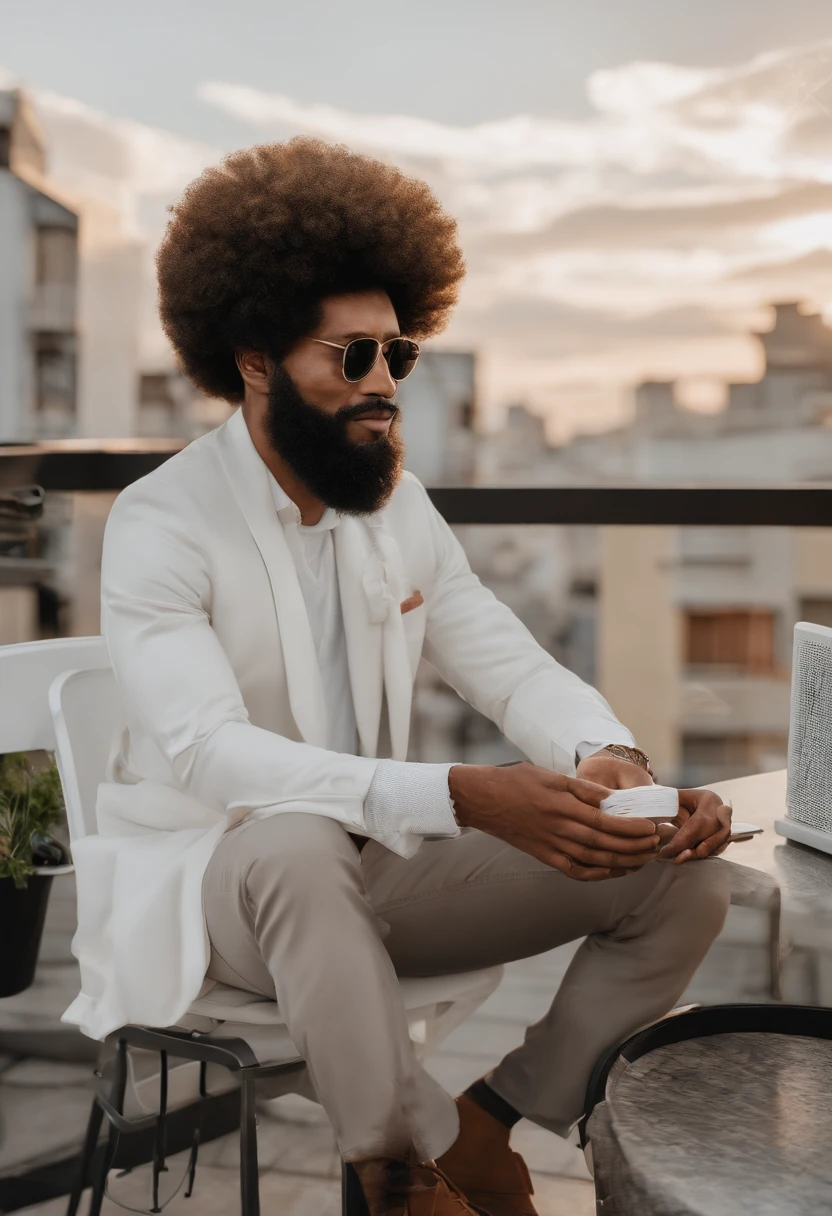 afro-descendant, balding, no beard, no mustache presenting a podcast on a rooftop in the favela