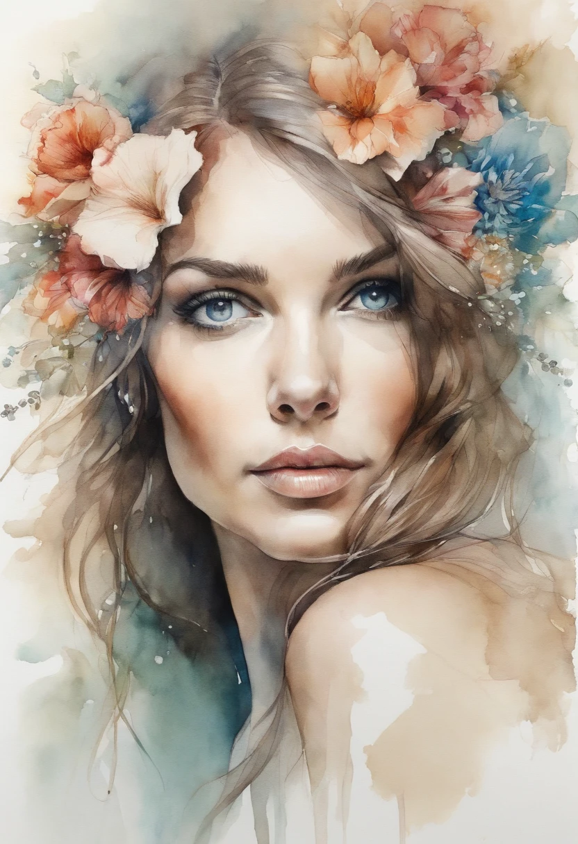 Muestra la cabeza llena de un retrato extremadamente detallado con flores en el cabello en un boceto coloreado con acuarela, Ojos extremadamente detallados, Hermosos ojos, Imagen completamente centrada, Espacio en blanco que rodea el dibujo, Focus on facial lines, Acuarela goteante, contornos de tinta, Arte de Carne Griffiths mezclado con Alfonso Mucha, 32k resolution, La mejor calidad posible, Like a doll