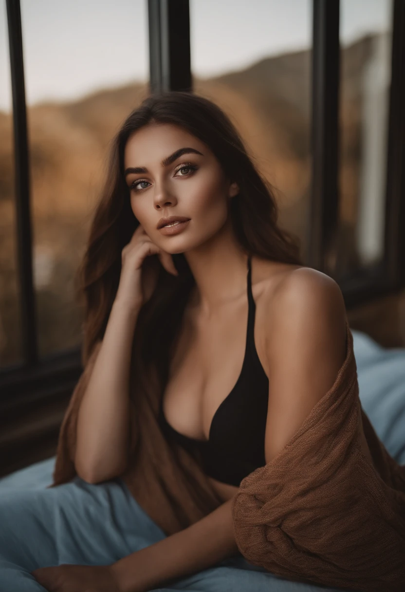 Arafed woman with matching tank top and panties, fille sexy mais pas trop aux yeux bruns, Portrait Sophie Mudd, cheveux bruns et grands yeux, selfie of a young woman, Yeux de chambre, Violet Myers, sans maquillage, maquillage naturel, looking straight at camera, Visage avec Artgram, Maquillage subtil, Superbe photo du corps entier, dans la chambre, clivage