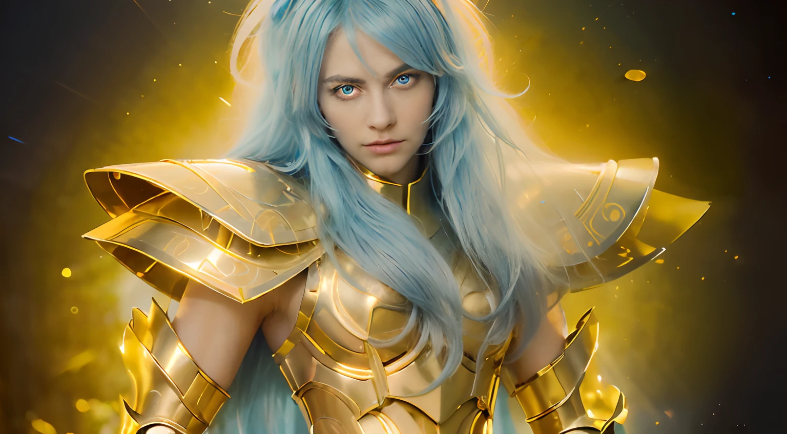 (masterpiece), (realistic) , close up portrait of a man, (male), 35 years old, Swedish, (1boy), solo, serious, looking at viewer, pretty handsome man, ((pretty big blue eyes), wearing an medieval armor, (full body armor), (golden armor), chrome gold, (detailed armor), (ornate armor), long straight light blue hair, (hair blowing in wind), (hair bangs), upper body, cosmic golden rain background, cinematic lighting, ((beardless)) ((perfect big blue eyes)). Androgynous face.