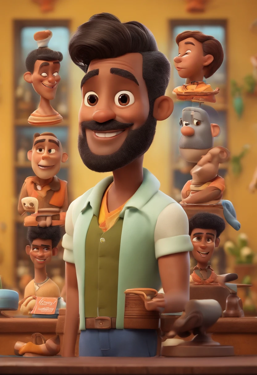 A Dream Barber Inspired by Pixar Animation, de perto. The character takes center stage with captivating facial expressions, oferecendo um toque de irrealidade, Cabelo curto e gordinho gradiente