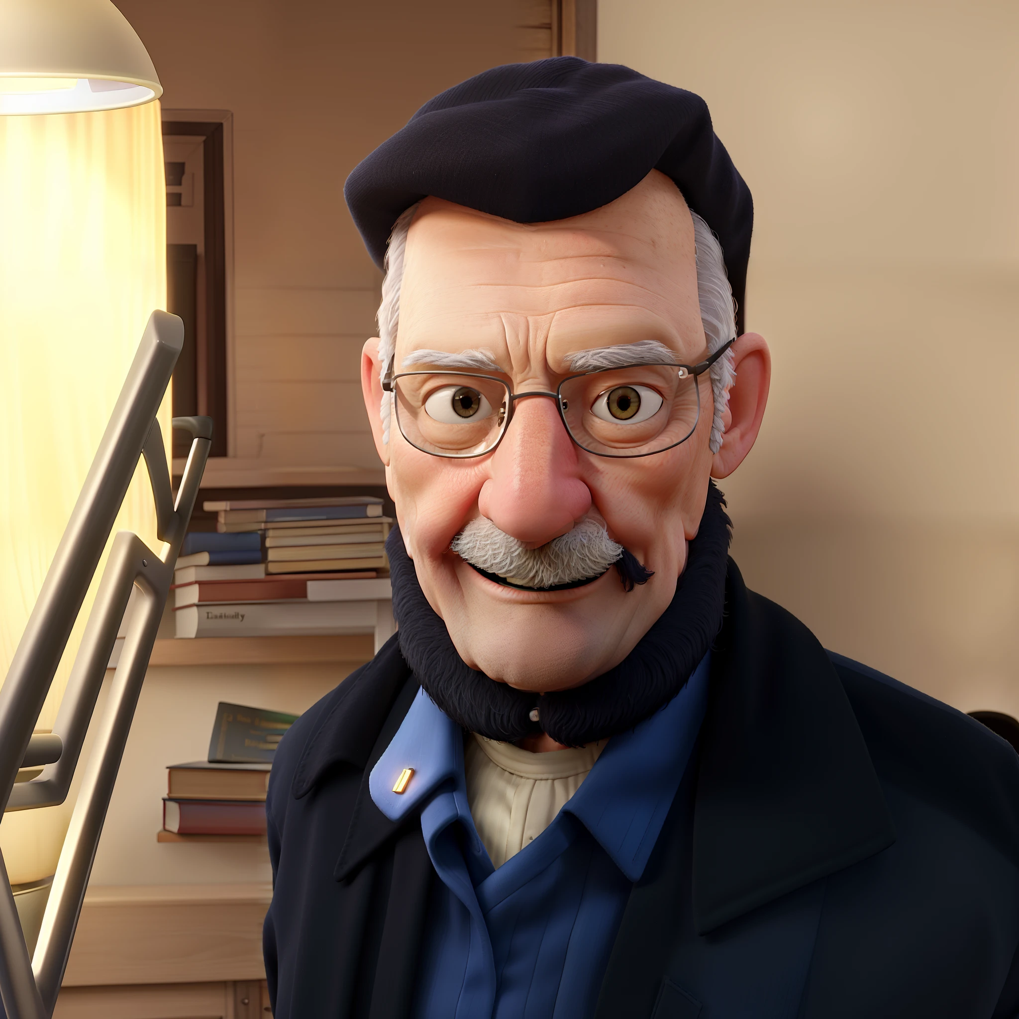 A wise old man standing in front, illuminated by the light of a lamp, against the backdrop of a library