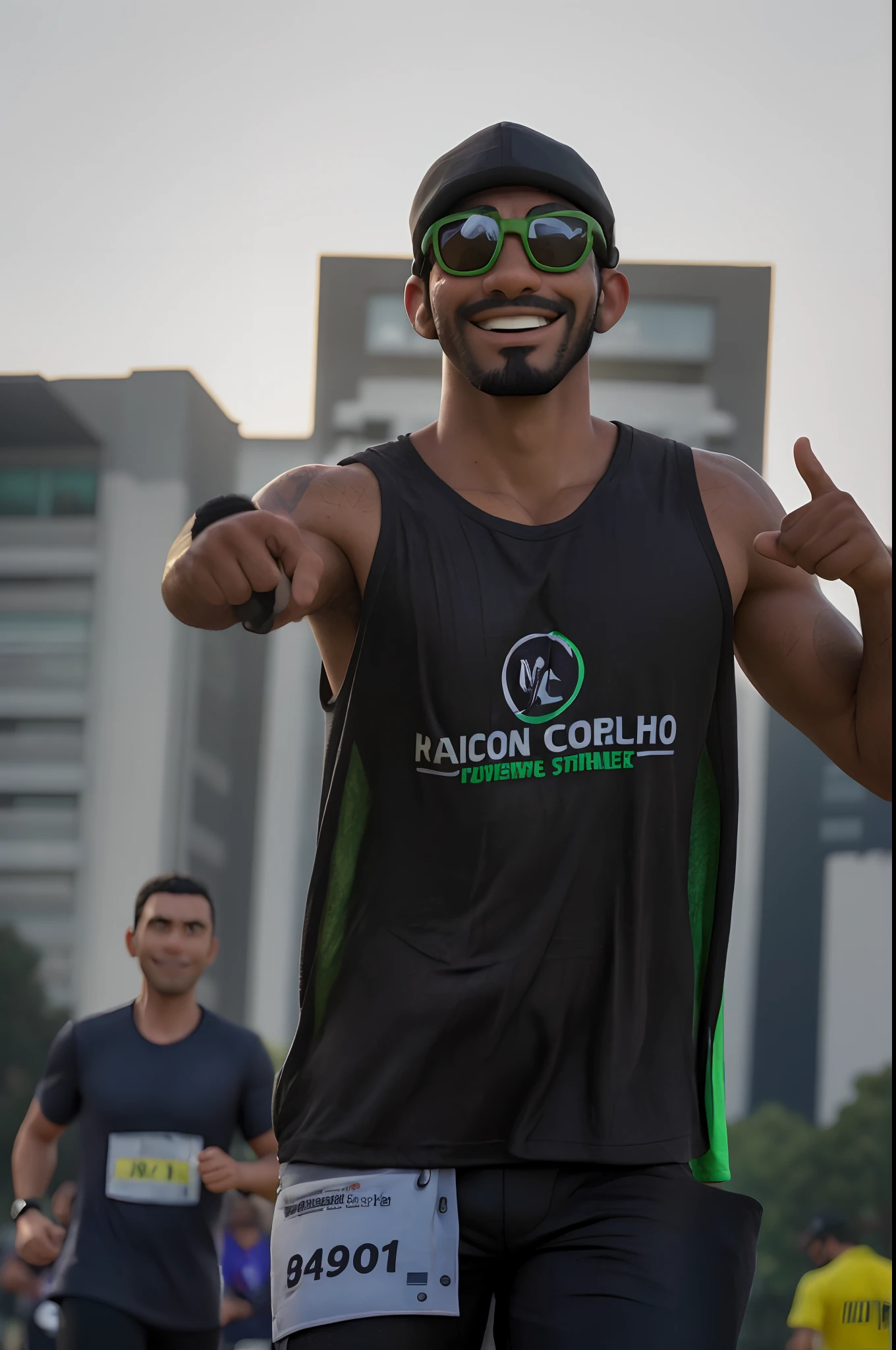 High quality art, In the photo, a spirited runner prominently occupies the foreground, radiating enthusiasm. He dons a black tank top which carries the bold inscription "MAICON COELHO - PERSONAL TRAINER" in vibrant green, suggesting his professional association. His zest is further highlighted by luminescent green sunglasses, reflecting the surrounding ambiance. His robust, dark beard accentuates his cheerful smile, whilst the black cap he's wearing shields his eyes from the sun's glare. Notably, he sports a modern wristwatch on his left wrist and is captured in a jubilant gesture, pointing both thumbs toward himself. Behind him, a subdued, focused runner in a gray shirt can be observed, in stark contrast to the exuberance of the man in the foreground. The setting hints at an urban landscape, with tall buildings serving as a backdrop. The photograph captures the essence of a lively race environment, with the number "64901" pinned to the front of the jubilant runner's attire, hinting at his participation in a competitive event.
