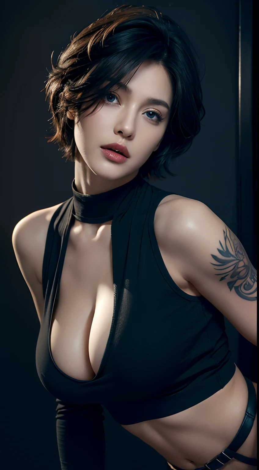 short hair, skintight black top:1.2, looking at viewer, cinematic lighting, high resolution, soft lights, high resolution skin:1.2, realistic skin texture, realistic face, solo, hips up, look at viewer, detailed face, tattoo, Exposed cleavage, blue Eyes, big boob