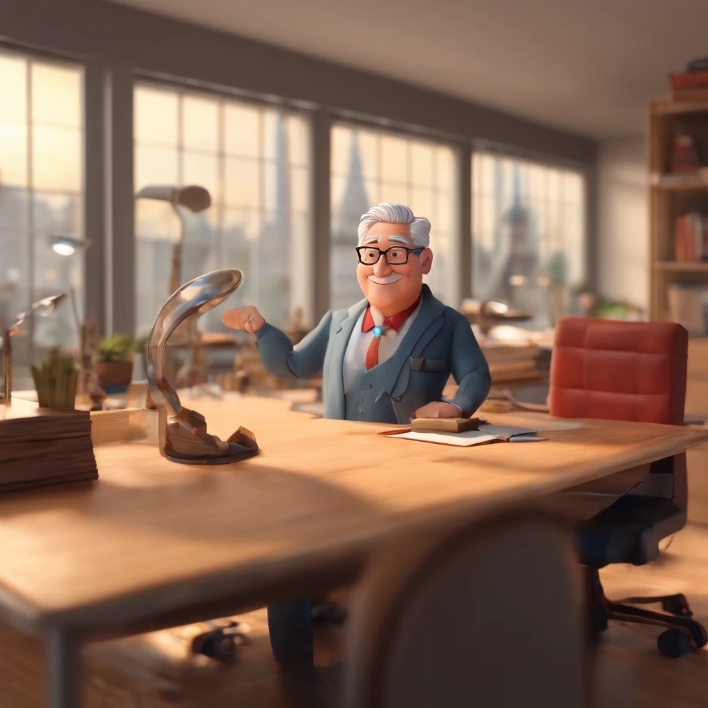 Crie um cartaz inspirado na Disney Pixar com o personagem sendo o pastor Rubens Janier, A gray-haired man wearing glasses, in an office with a Bible on the table