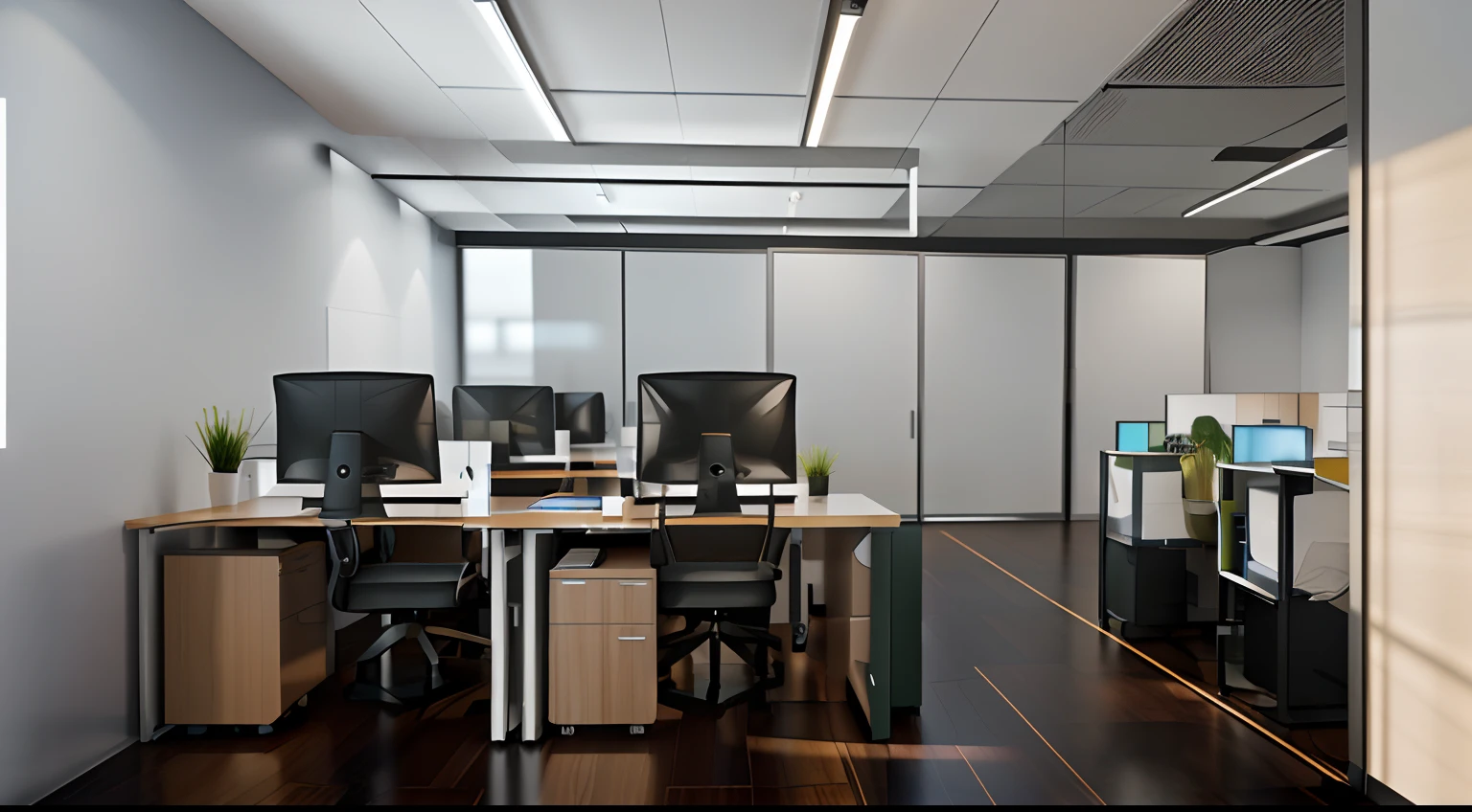 there are two computers on the desks in this office, office background, corner office background, modern office, offices, office interior, in a open-space working space, empty office, office room interior, clean render, cubical meeting room office, professional render, open office, rendered in v-ray, set inside of office, in a foggy office