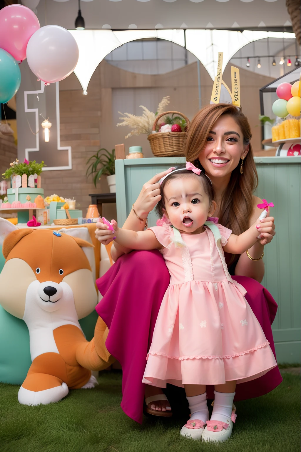 There's a woman and a baby posing for a photo, Valentina Embaralhamento, 1614572159, Olivia de Bernardinis, Malika Favre, Looks doces, birthday party, by Amelia Peláez, cute and adorable, imagem de corpo inteiro, trending ，, Antecedentes complexos, fernanda suarez, Directed by: Luis Miranda, exclusivo