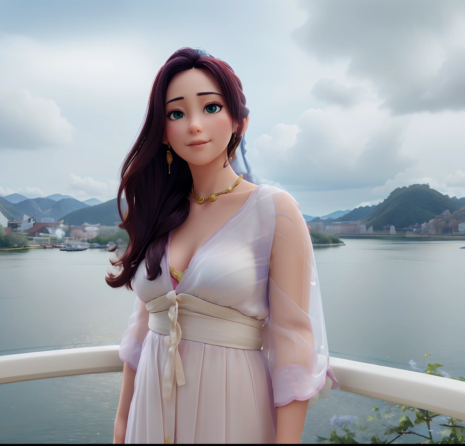 (best quality, ultra high res,photorealistic:1.4), 1woman, detailed eyes, upper body, peaceful, kindly, chinese traditional clothes, delicate embroidery, flowing sleeves, elegant posture, in a serene garden, blooming cherry blossoms, soft morning light, subtle color palette, traditional hair accessories