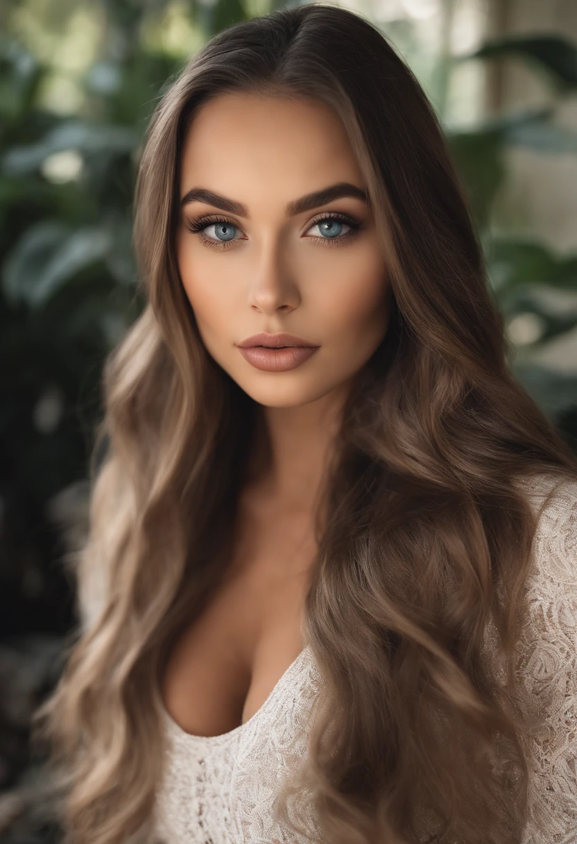 Arafed mulher completamente , Menina sexy com olhos azuis, Ultra realista, meticulosamente detalhado, Retrato Sophie Mudd, cabelos loiros e olhos grandes, selfie de uma jovem mulher, Camera eyes, Violeta Myers, sem maquiagem, Maquiagem natural, staring directly at camera, Rosto com Artgram, Maquiagem sutil, Grande foto de todo o corpo ajoelhado na cama, no quarto, Medium to large bust