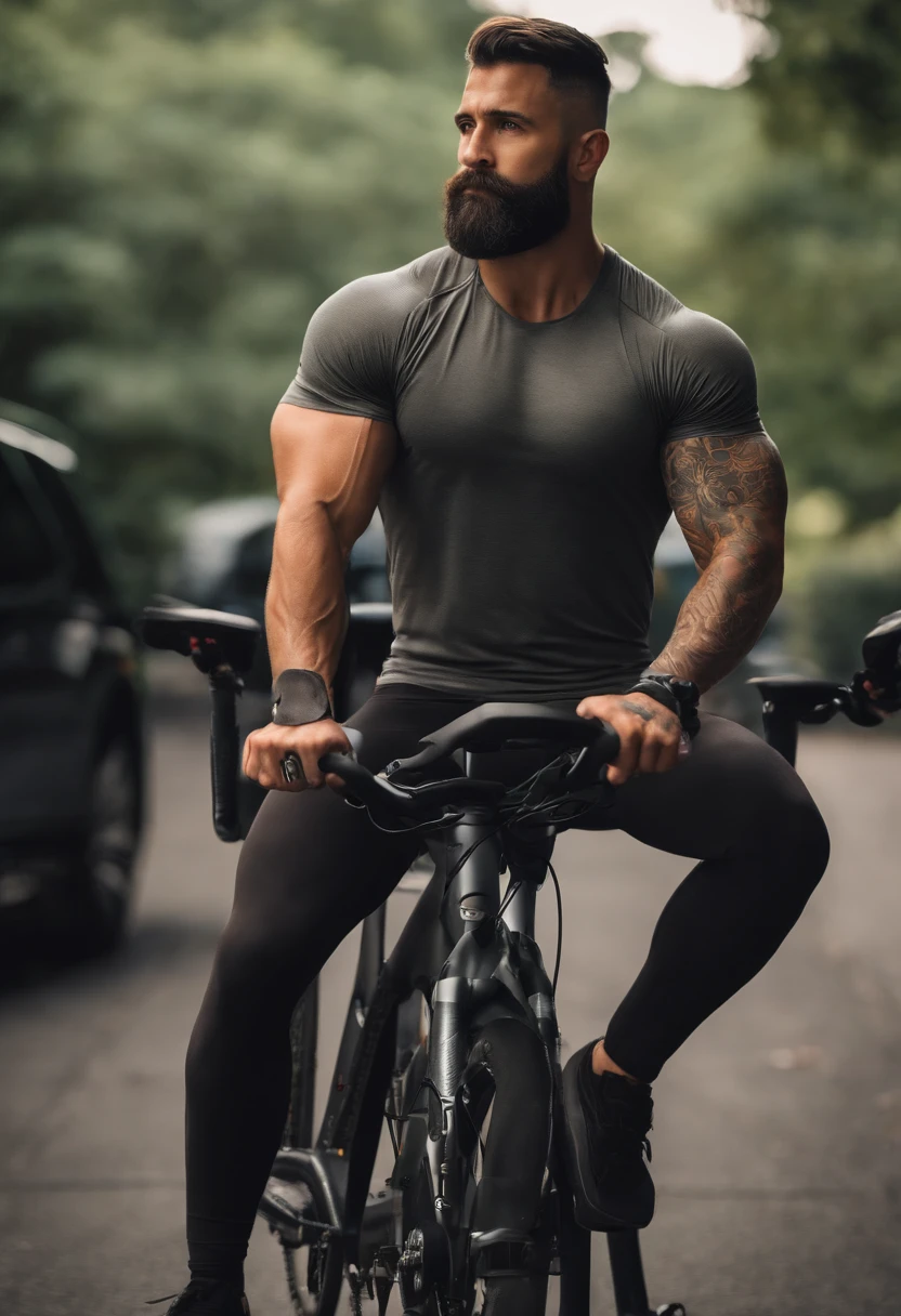 Uma imagem no estilo Pixar , de um personal trainer com o rosto fino a barba cerrada , moreno , with strong arms and tattoo , camisa cinza e com um bicicleta, cabelo militar preto e olhos pretos