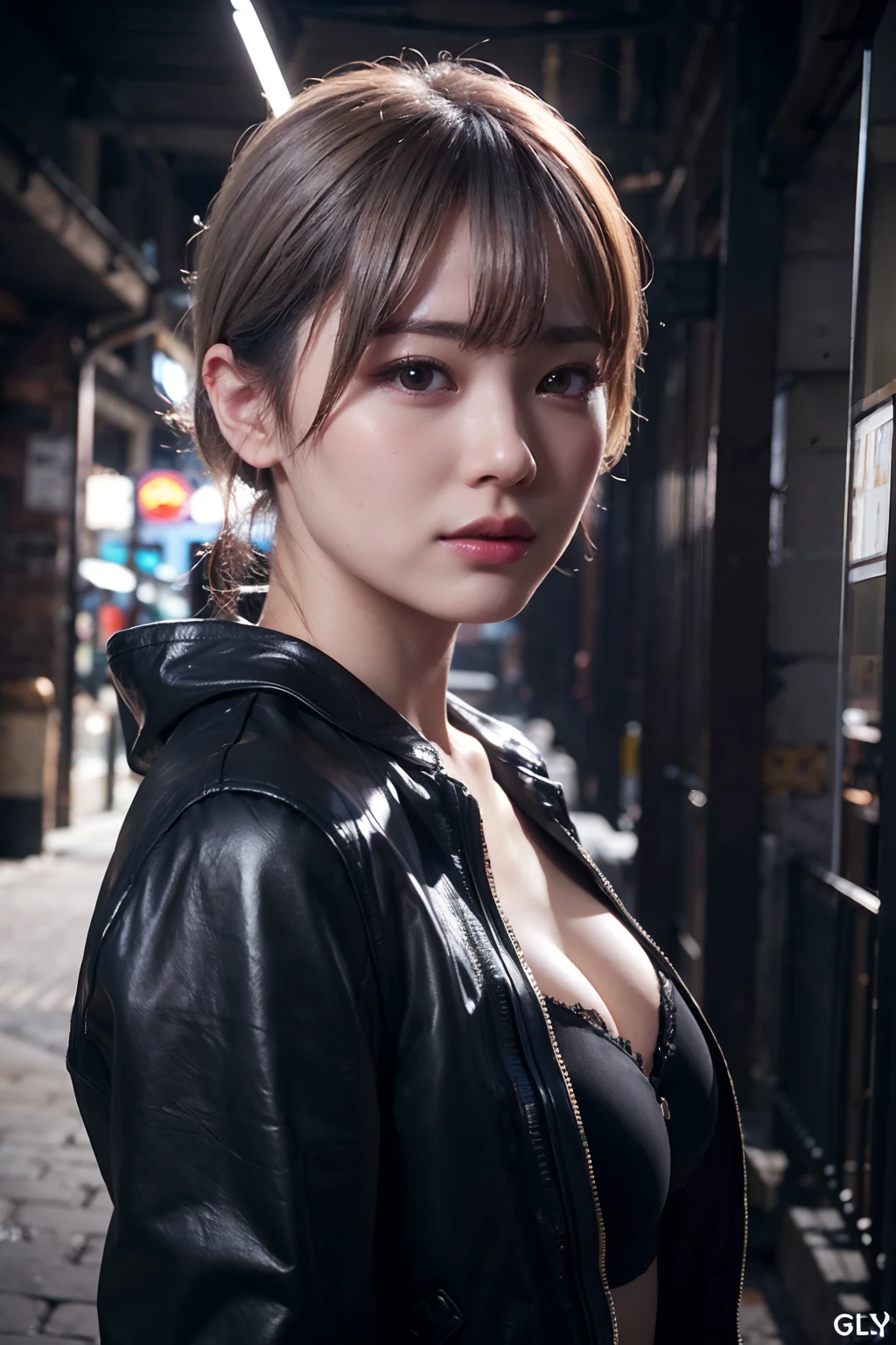 Full portrait from head to waist、Soft natural light、Cute Student Model:smooth soft skin、Symmetrical、natural skin textures、Soft lighting、Wearing a punk rock leather jacket、A detailed face、photorealisim、Shimmering soft pastel colors、Look into the camera、Photorealistic painting、foco nítido、8K、perfect-composition、ArtStation Trends、awardwinning photo、unrealengine5、Cinematic Smooth, Intricate details、studio photo、ighly detailed。simple background。cleavage of the breast、Grey ash hair color、Neon light、Back alley